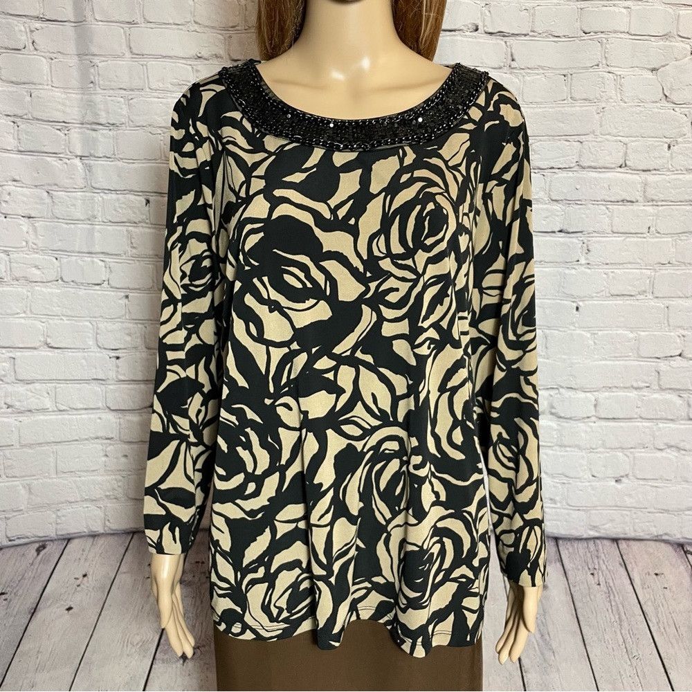 Other Susan Graver Floral Liquid Knit Embellished Neck Tunic Top Size L / US 10 / IT 46 - 9 Thumbnail