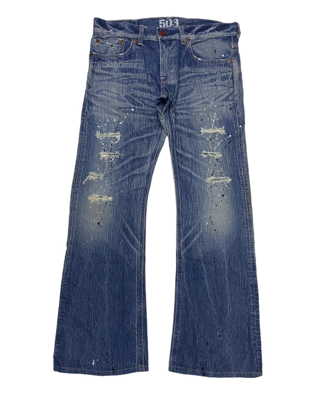 image of Archival Clothing x If Six Was Nine Edwin 503 Blue Trip Flare Jeans Distressed Denim (Size 36)