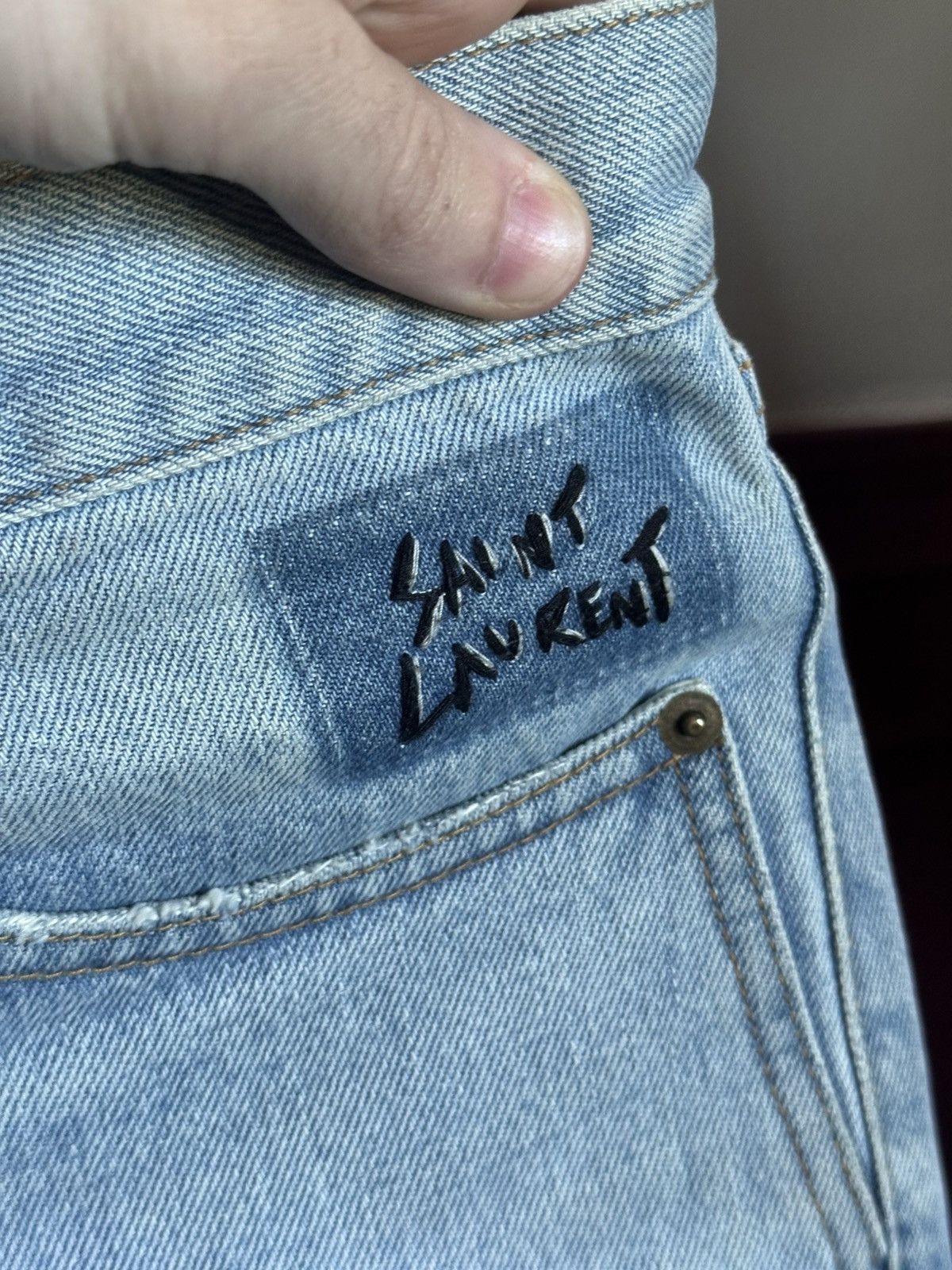 Saint Laurent Paris Japanese light wash logo stitched straight cropped jeans Size US 31 - 5 Thumbnail