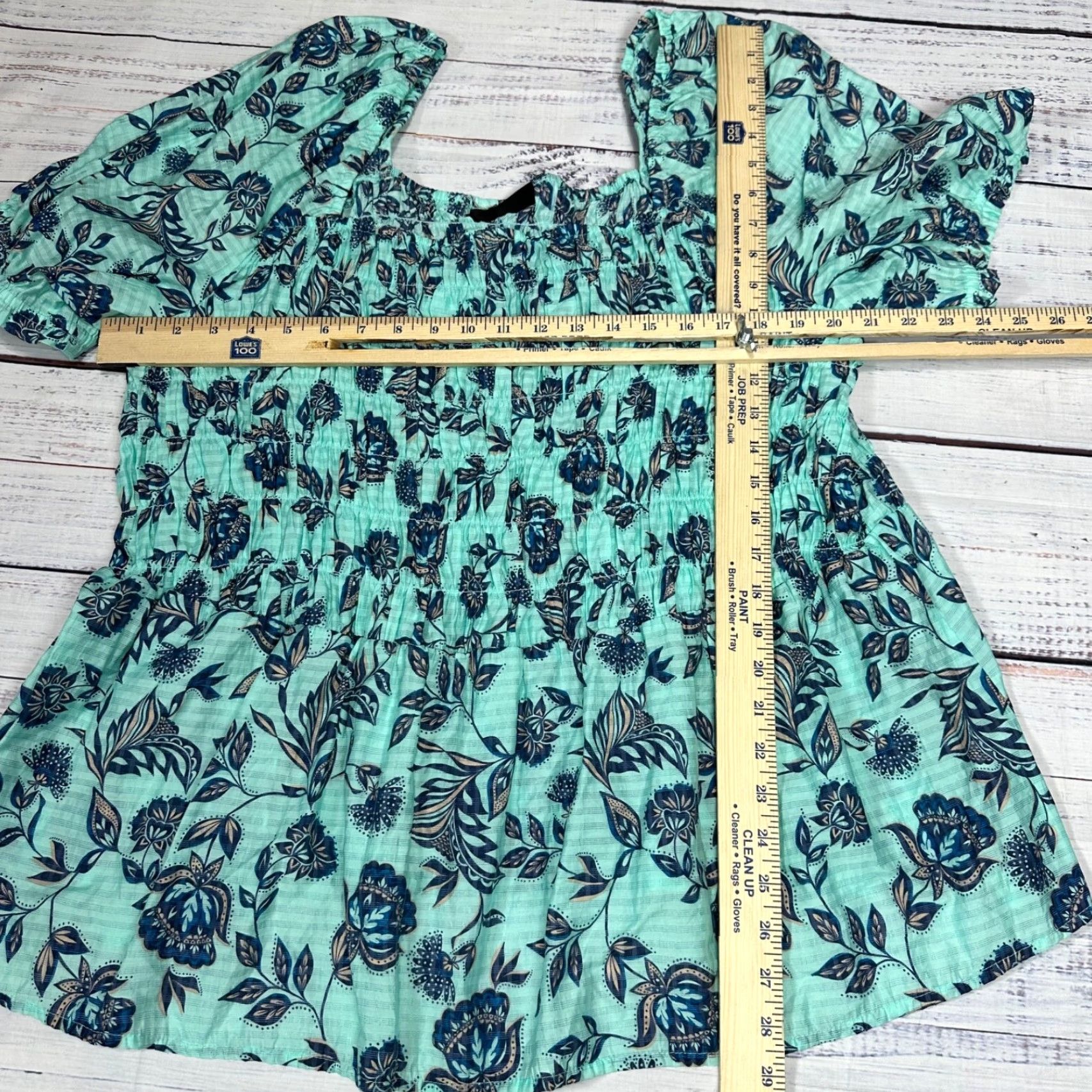 Vintage Lane Bryant Blouse Short Puff Sleeve Smocked Top Plus 24 Aqua Green Floral Pullover Women Size 4XL / US 24-26 - 2 Thumbnail