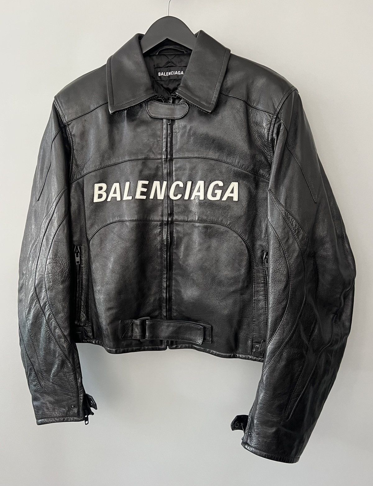 Balenciaga Oversized logo-appliqué leather biker jacket