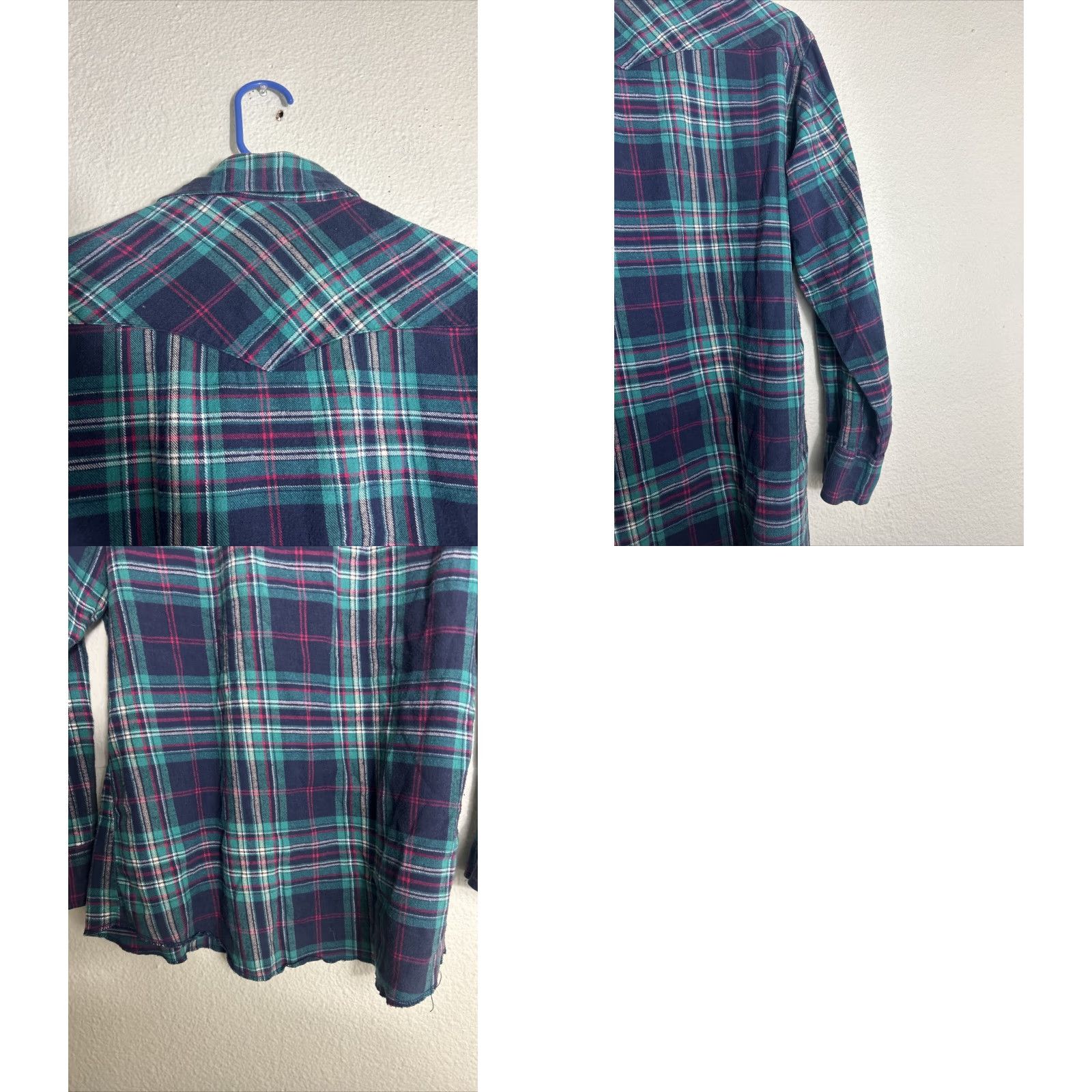 Wrangler VINTAGE Wrangler Mens Large Green Plaid Pearl Snap Shirt Long Sleeve 100% Cotton Size US L / EU 52-54 / 3 - 9 Thumbnail