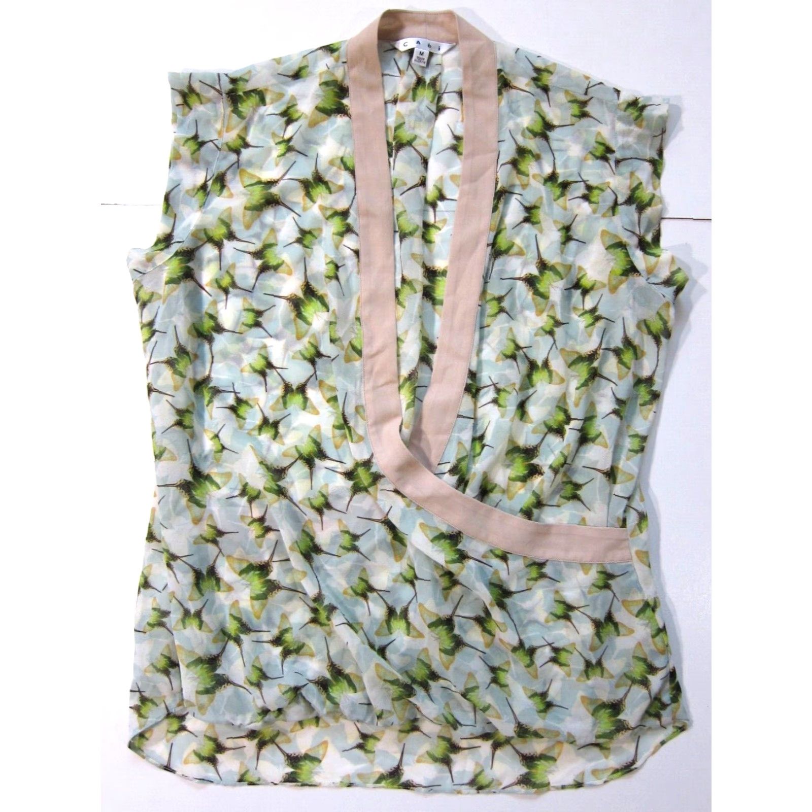 Vintage CAbi Green Blouse Women Medium V-Neck Cap Sleeve Butterfly Sheer Top Size M / US 6-8 / IT 42-44 - 2 Thumbnail
