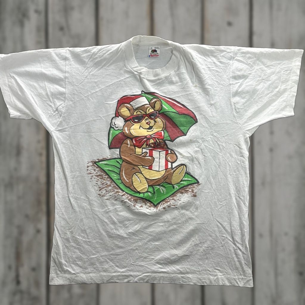 Fruit Of The Loom VINTAGE Christmas Bear Shirt Mens XL White Holiday Graphic Tee Made USA 90s Size US XL / EU 56 / 4 - 1 Thumbnail