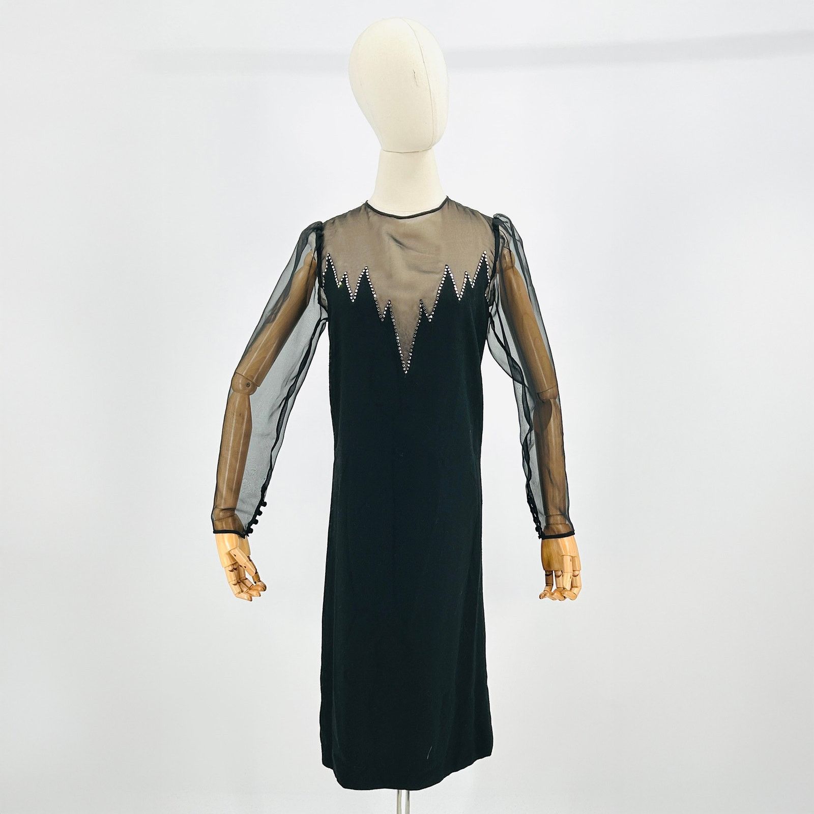 Vintage 70s Joan Leslie Black Rhinestone Sheer Sleeve Cocktail Dress Size L / US 10 / IT 46 - 1 Thumbnail