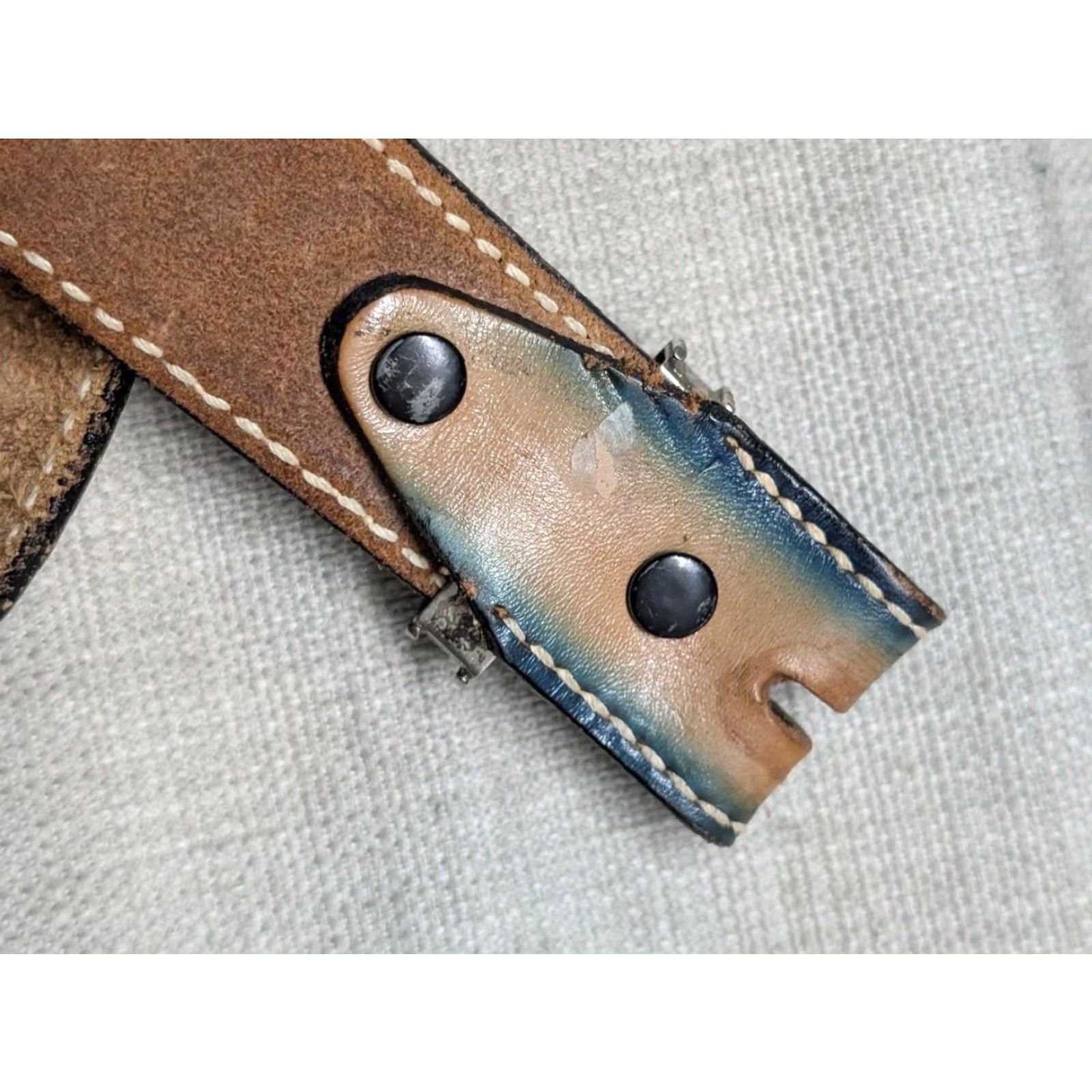 Vintage VINTAGE western belt tooled buckle Textan brown 28 leather cowhide German Silver alpaca tip holder unisex adults Mens Size 28 - 4 Thumbnail