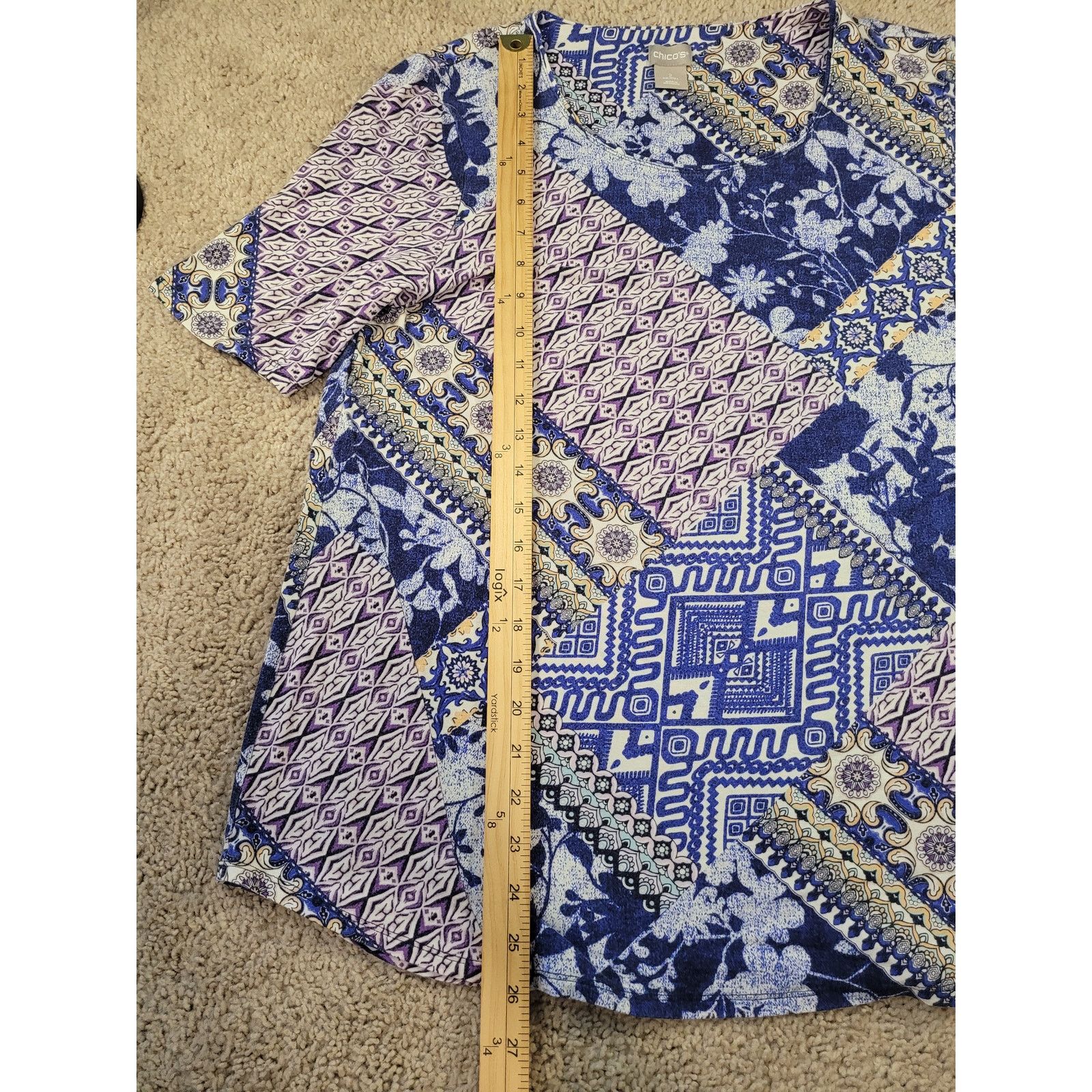 Chicos Chico’s Patchwork Print Short Sleeve Blouse Blue Size 2 L Size L / US 10 / IT 46 - 7 Thumbnail