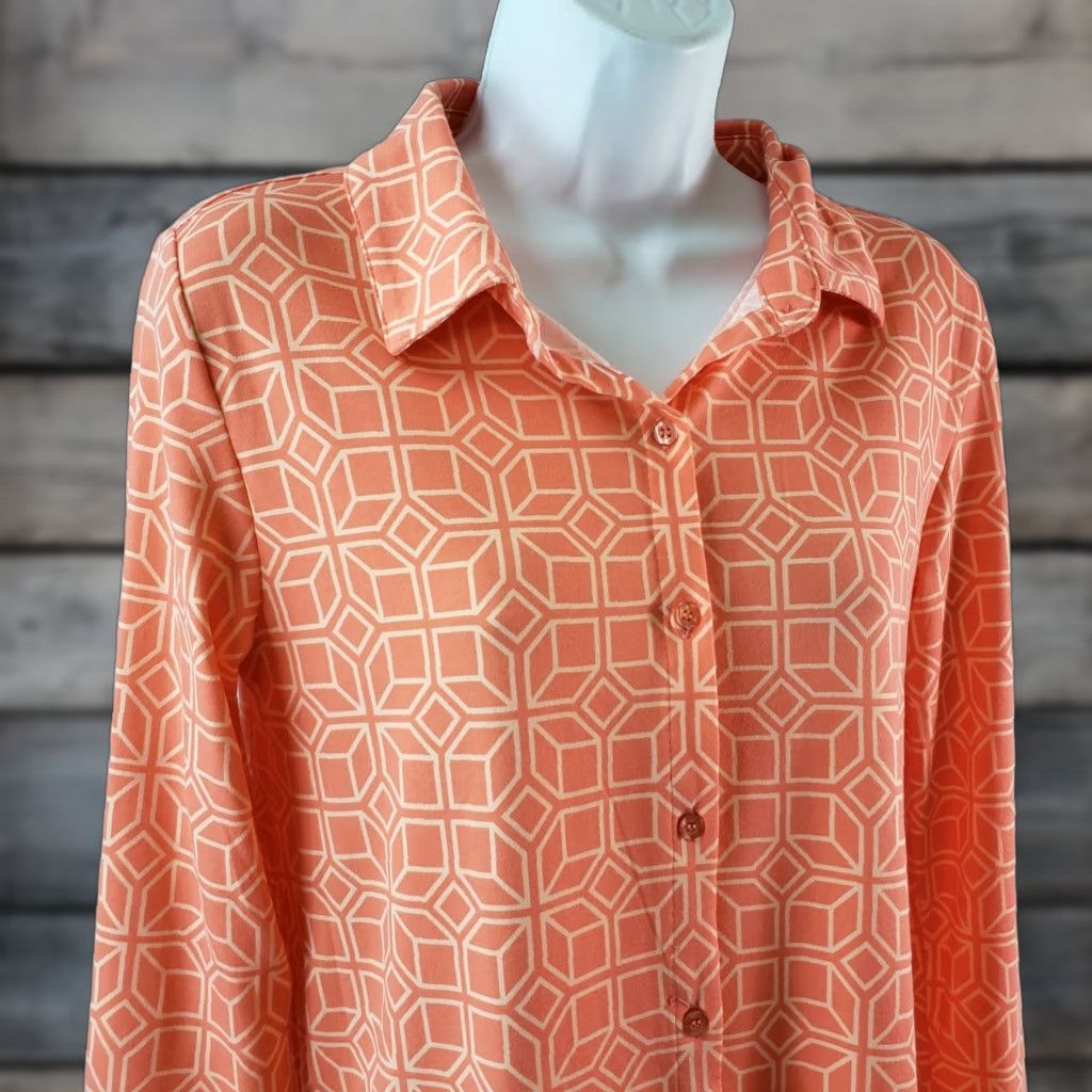 Vintage LuLaRoe Womens Valentina Shirt Button Front XS Coral Geometric Long Sleeve Tunic Button-Up Casual Womens XS Coral Geometric LuLaRoe Valentina Size XS / US 0-2 / IT 36-38 - 1 Thumbnail