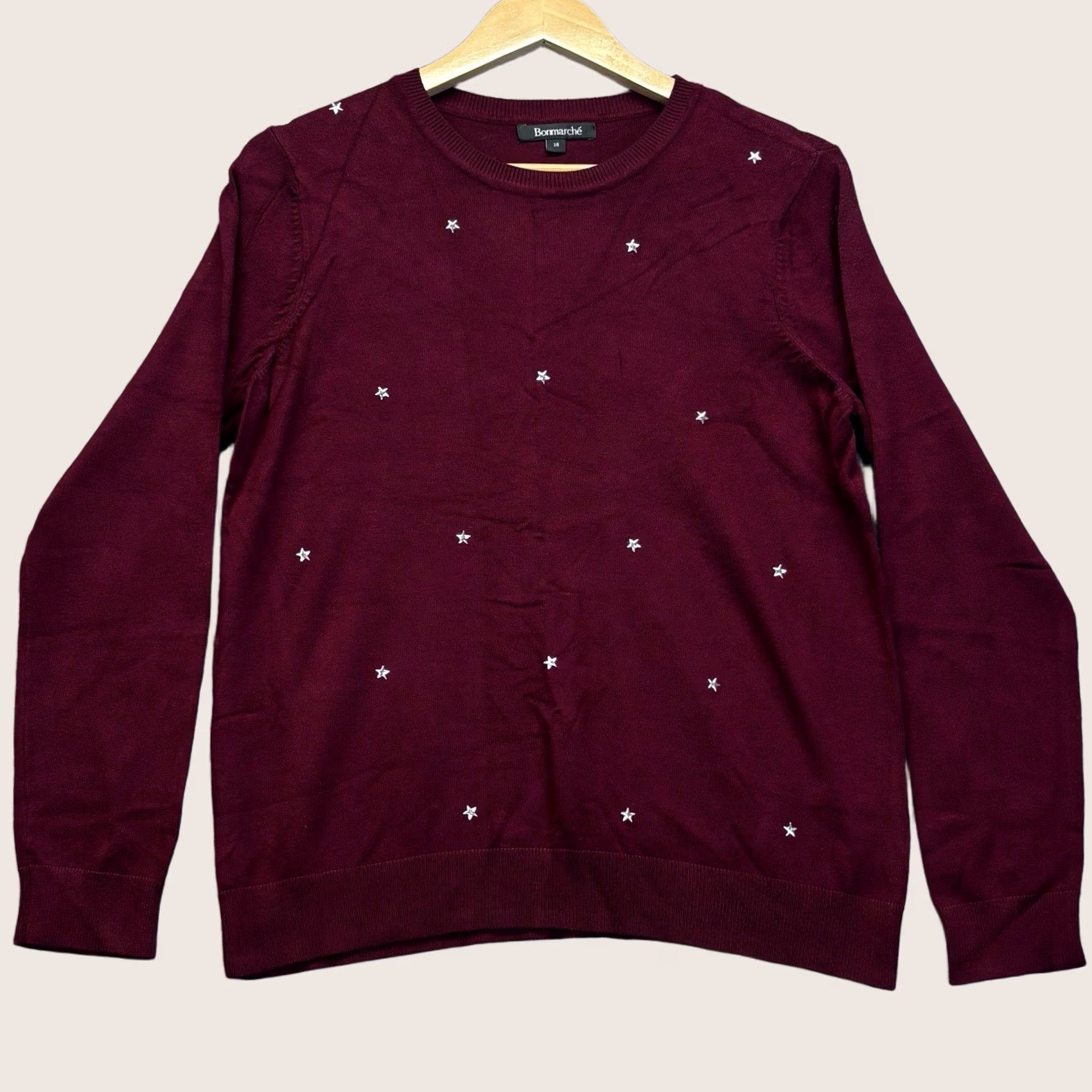 Vintage Bonmarche UK14 Burgundy Crew Neck Pullover Metal Star Design - Womens Regular Jumper Size XL / US 12-14 / IT 48-50 - 1 Thumbnail