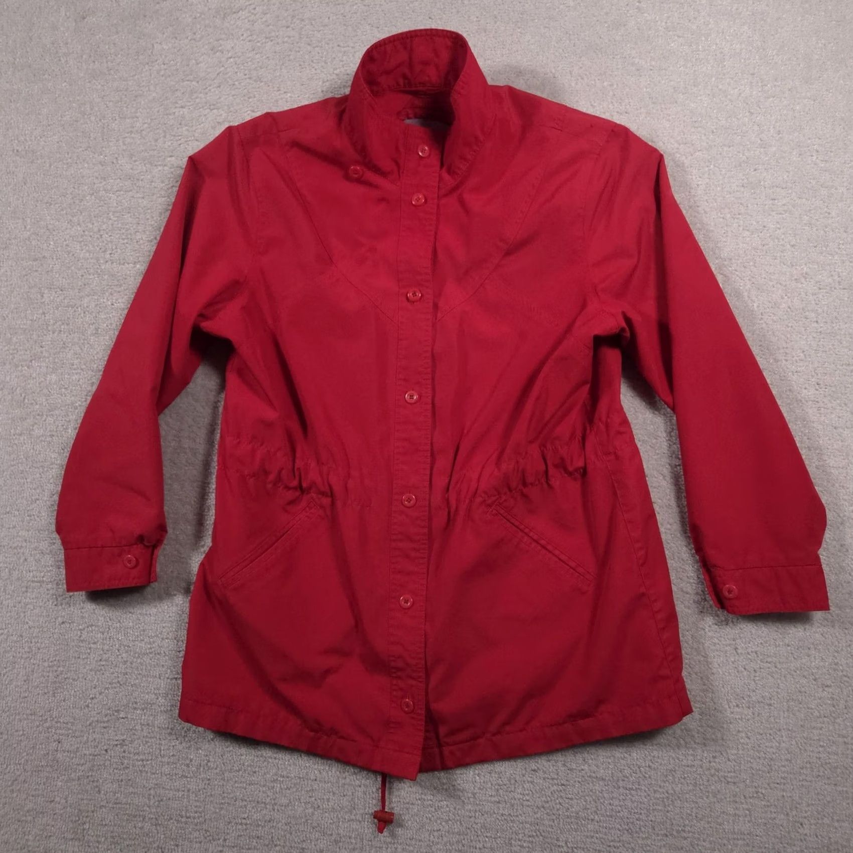 London Fog VINTAGE London Fog Women's Coat Rain Coat Red 12 Regular Waist Cinch Drawstring Hooded Full Zip Pockets Zipper Buttons Elastic Waist Lined Britches? Size XL / US 12-14 / IT 48-50 - 2 Thumbnail