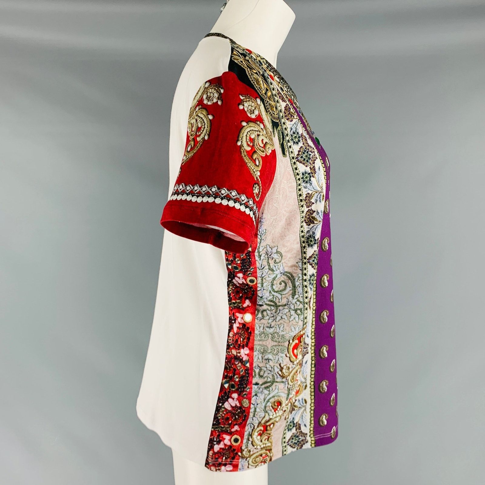 Etro White Multi-Color Cotton Rhinestones Short Sleeve Casual Top Size S / US 4 / IT 40 - 3 Thumbnail