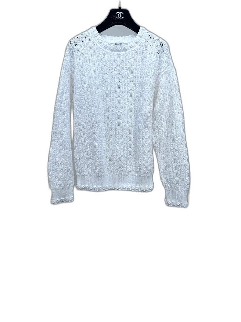 Chanel White Knit Sweater with Floral Detail -2505