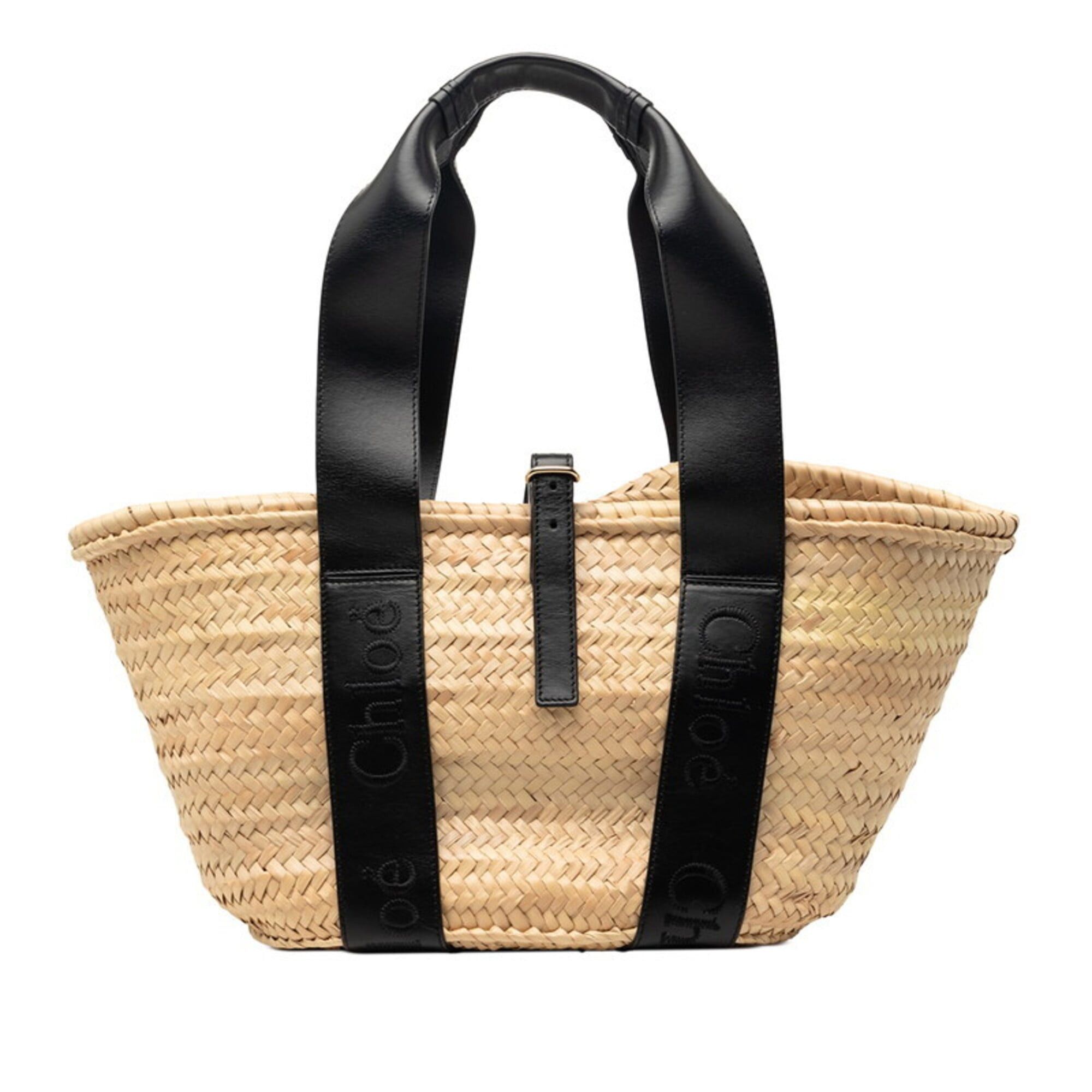 Chloe Chloé Chloe Logo Medium Basket Handbag, Straw Bag, Beige/Black Raffia Leather, Women's Size ONE SIZE - 1 Thumbnail