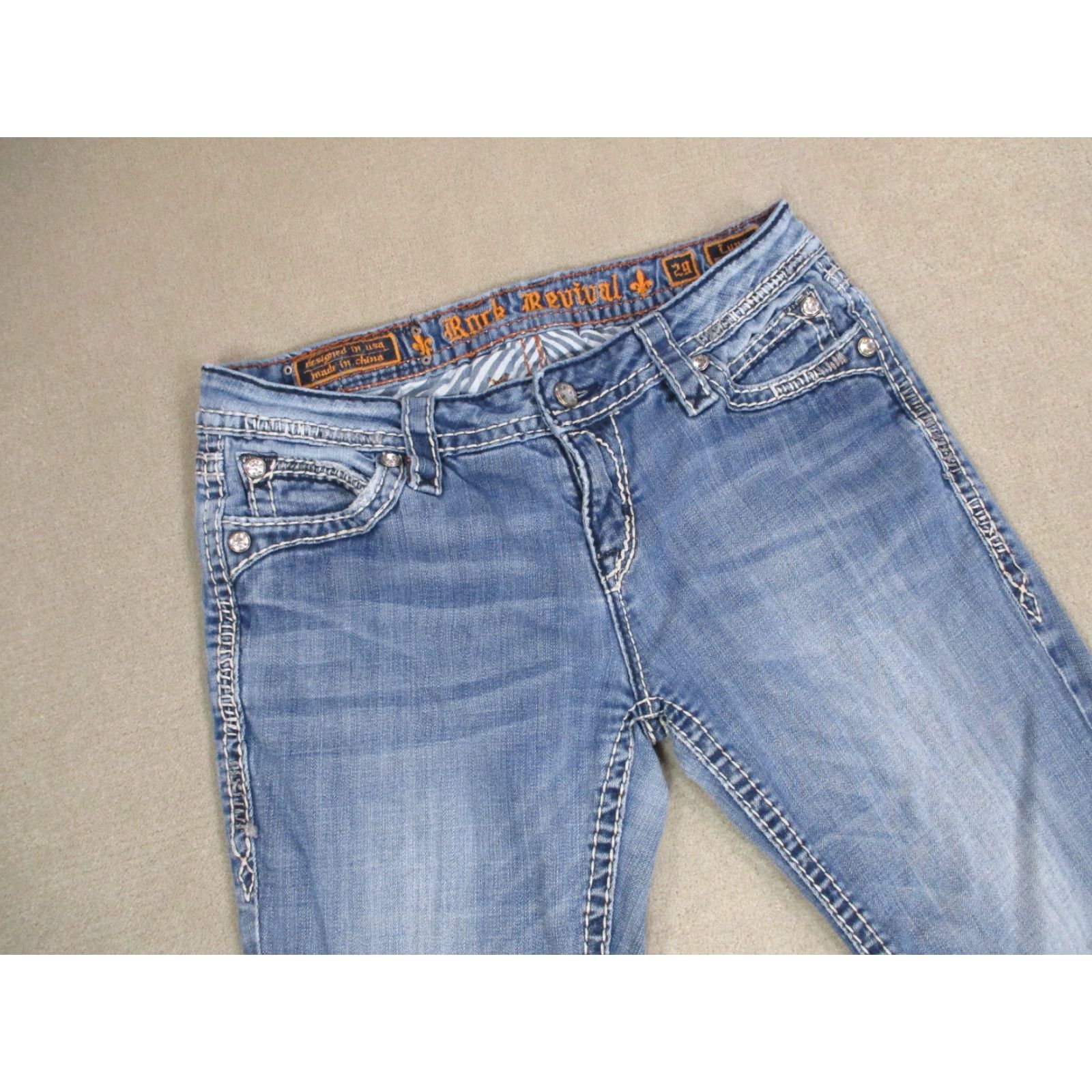 Vintage Rock Revival Jeans Womens 29 Blue Bootcut Medium Wash Rhinestones Logo Pockets Regular Denim Cotton Vintage No Size 29" - 5 Thumbnail