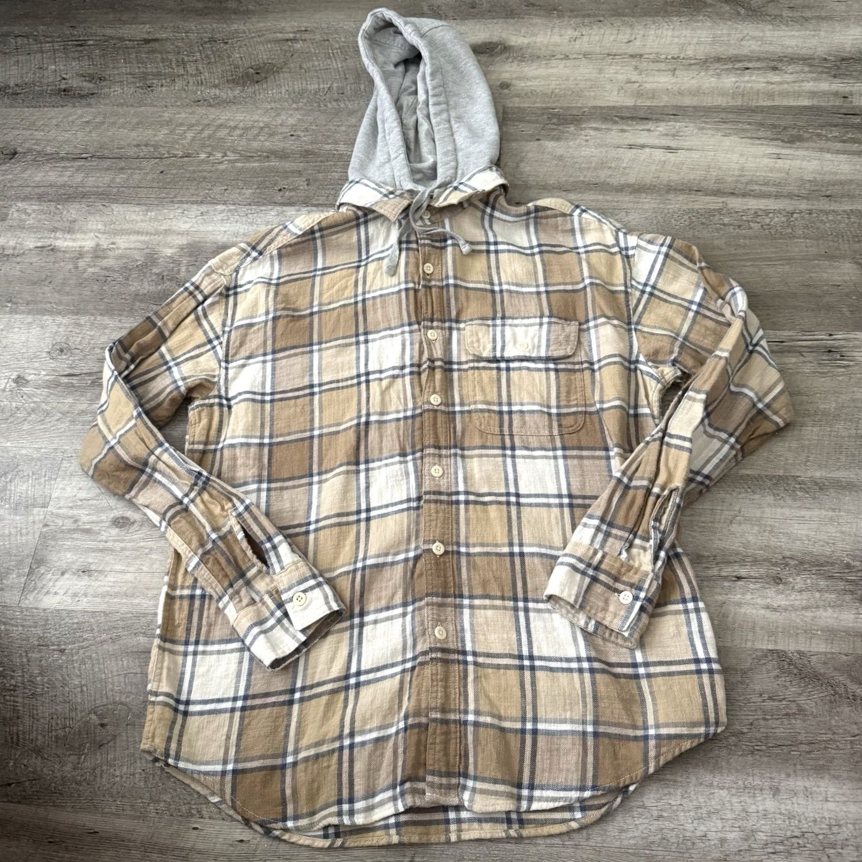 American Eagle Outfitters American Eagle Outfitters Hooded Flannel Shirt Mens M Plaid Removable Hood Super Soft Beige 2-in-1 Casual Cabin Core Size US M / EU 48-50 / 2 - 3 Thumbnail