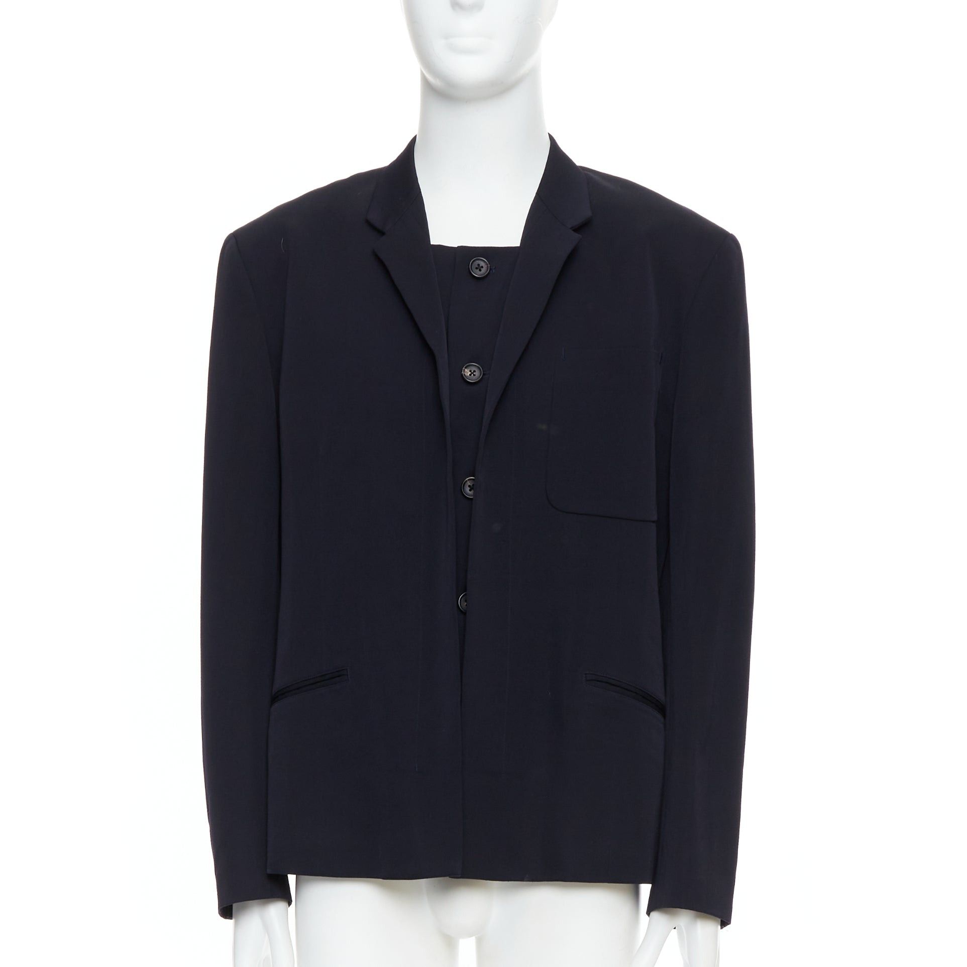 Yohji Yamamoto YOHJI YAMAMOTO black 100% wool double collar deconstructed blazer S Size 46R - 1 Thumbnail