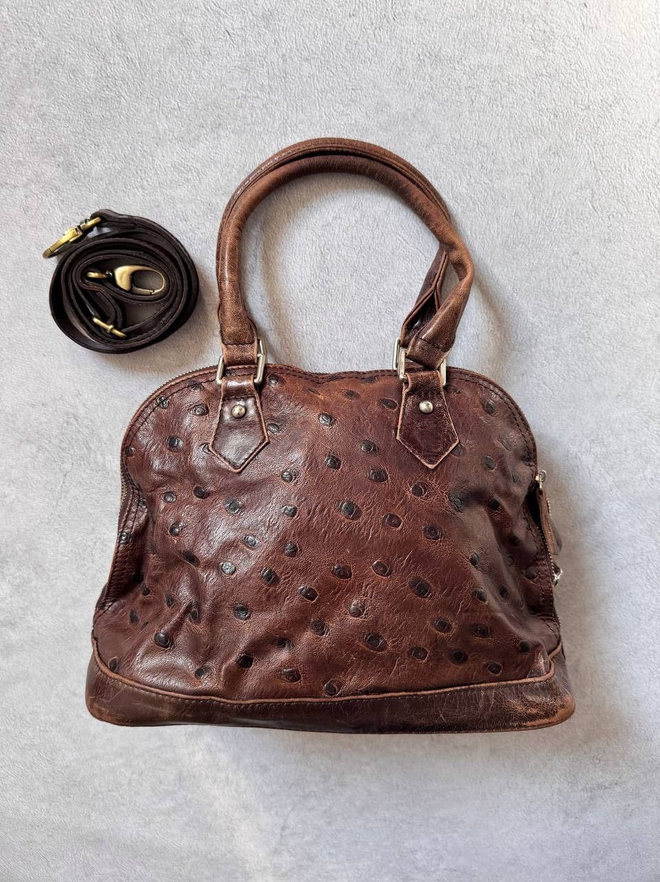 Vintage Vintage Leather Handbag Ostrich Embossed Brown Shoulder Bag Size ONE SIZE - 12 Thumbnail