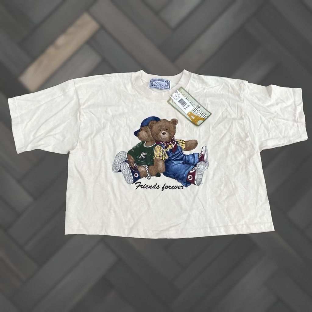 Vintage VINTAGE Bonjour Teddy Bear Friends Forever One Size Crop Top T Shirt Half Shirt Shirt One Size Ivory Graphic 1990s Mens Womens Girls Boys Size ONE SIZE - 1 Thumbnail