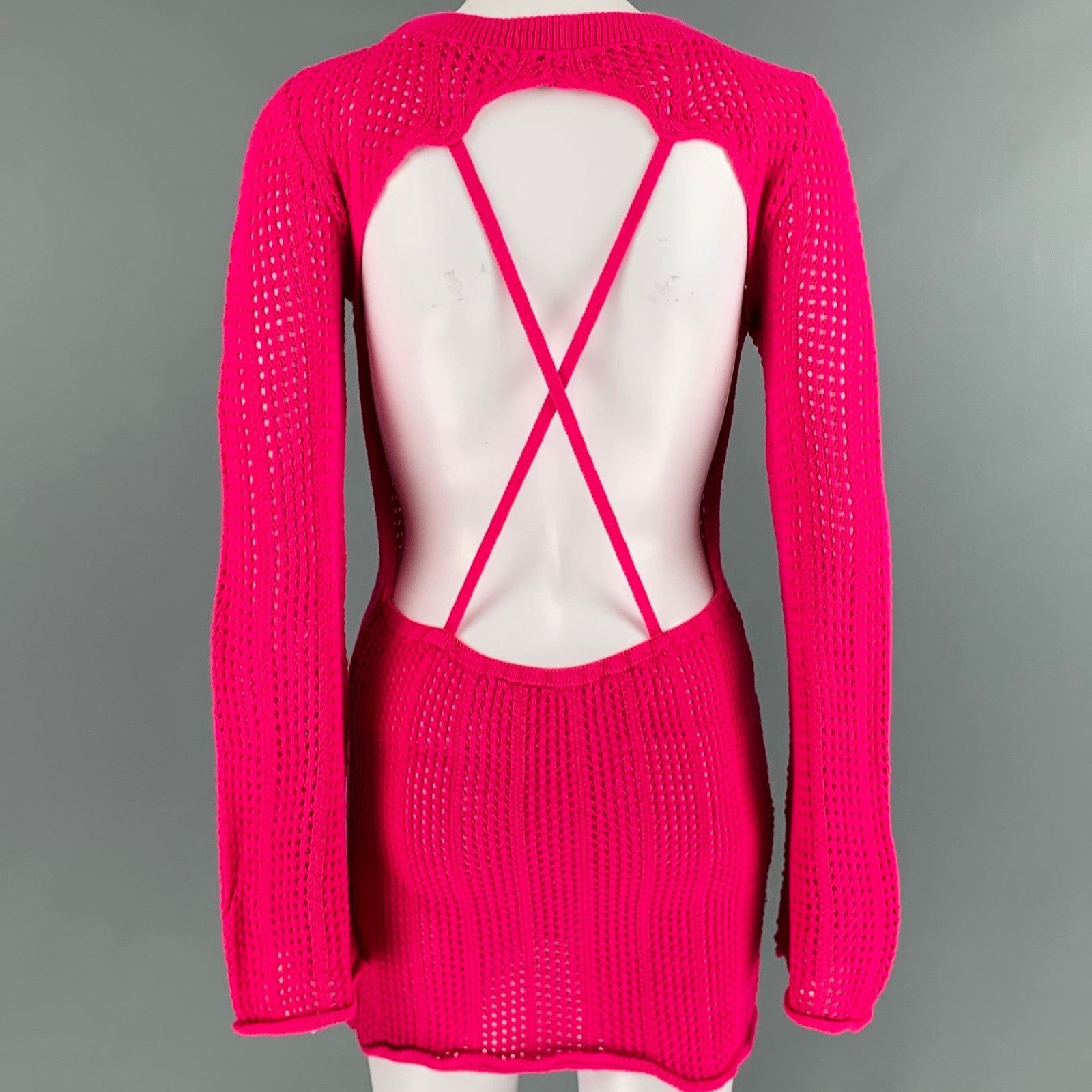 Other Pink Fuchsia Knit See Through Crochet Open Back Mini Dress Size S / US 4 / IT 40 - 3 Thumbnail