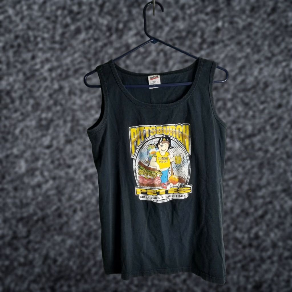 Anvil VINTAGE Anvil Tank Top Womens L Pittsburg Pete's Pleasure Your Belly Double-Sided Casual Cotton Black 90s Retro Gym Workout T-Shirt Womens Size L / US 10 / IT 46 - 1 Thumbnail