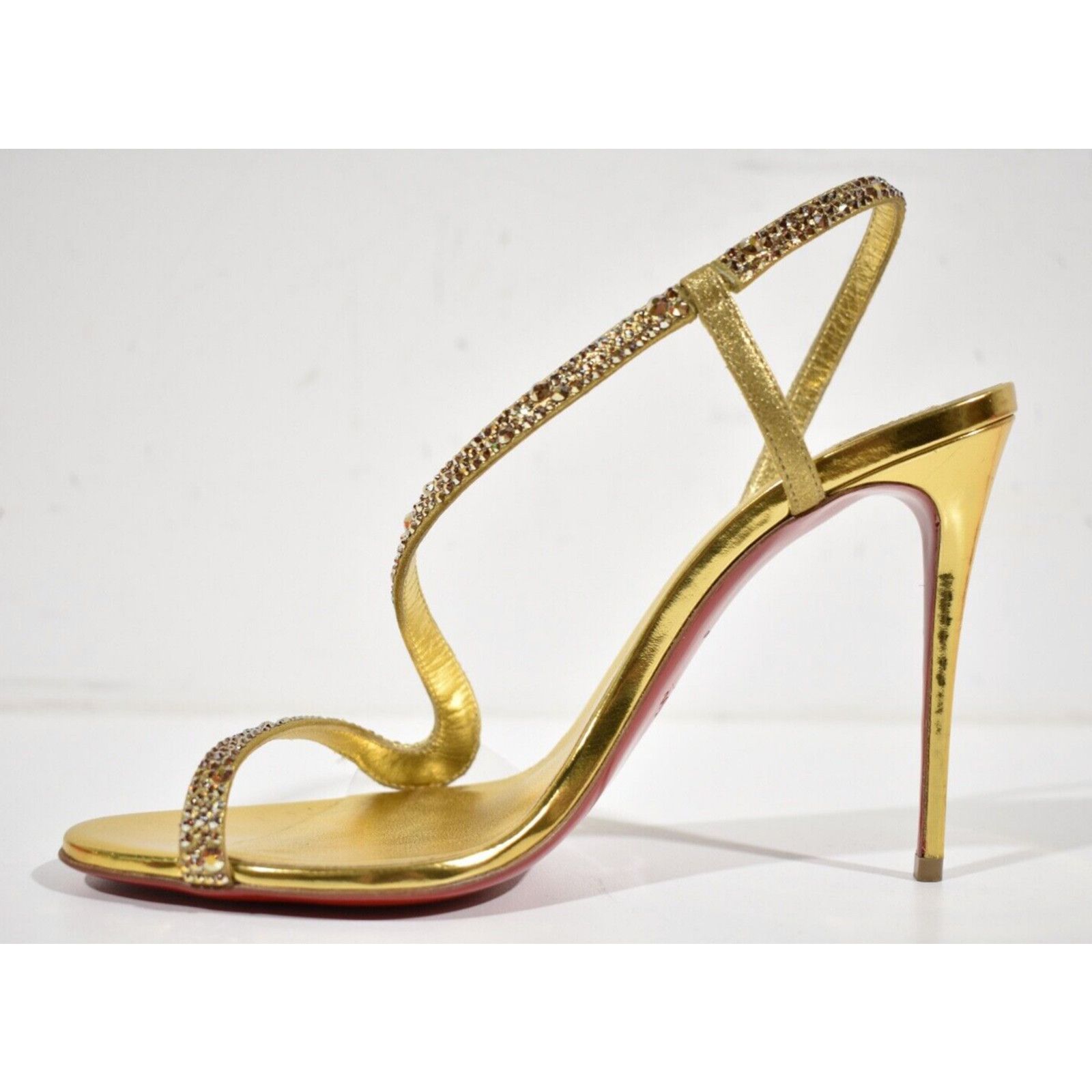 Christian Louboutin Rosalie Strass 100 Gold Ankle Strap Sandal Heel Pump 40 Size US 10 / IT 40 - 8 Thumbnail