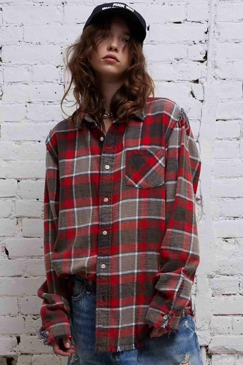 R13 Shredded seam Shirt red grey plaid medium Size M / US 6-8 / IT 42-44 - 1 Thumbnail