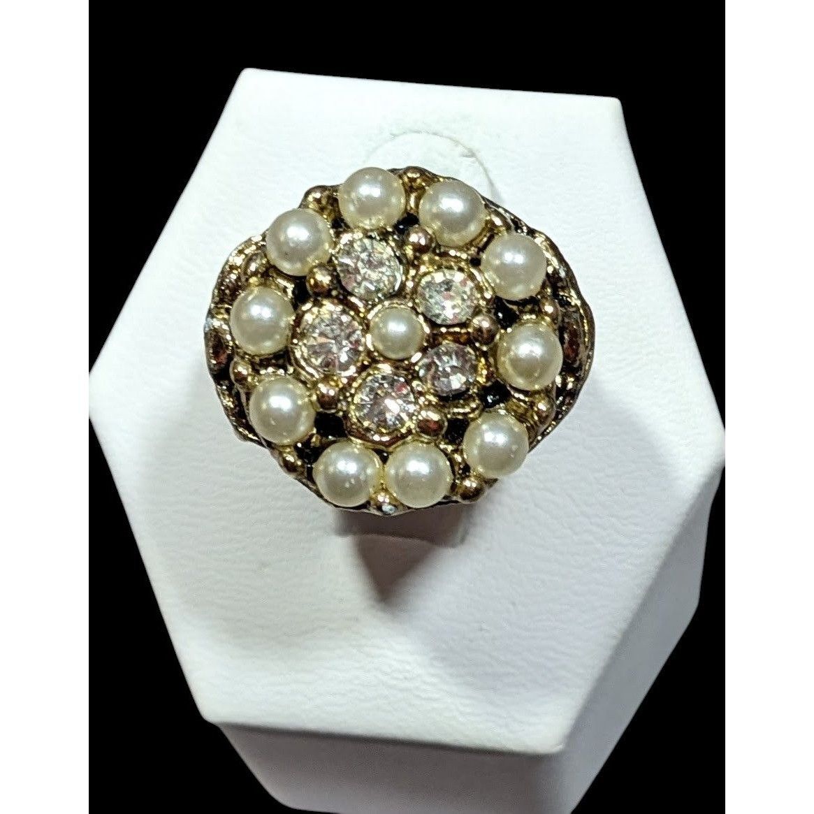 Other Vintage Glam Gold Tone Rhinestone Seed Pearl Adjustable Ring Size ONE SIZE - 1 Thumbnail