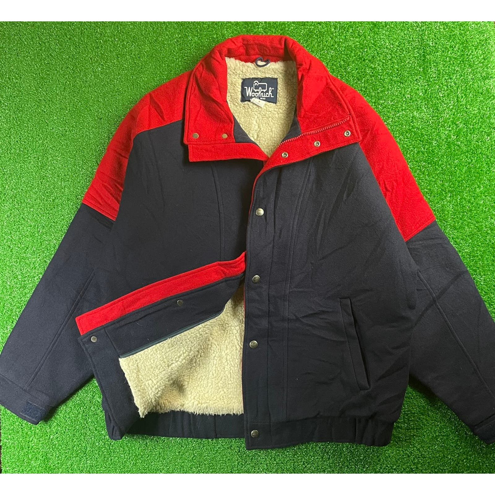 image of Made In USA x Vintage 80's Woolrich Sherpa Lined Wool Bomber Medium Jacket in Blue, Men's