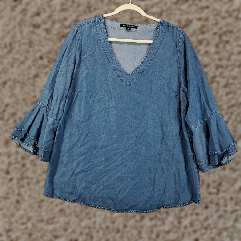 Vintage Womens Chambray Blouse XL Blue V-Neck Flutter Sleeve Top Boho Comfort Shirt Blouse Womens Bohemian Classic Size XL / US 12-14 / IT 48-50 - 1 Thumbnail