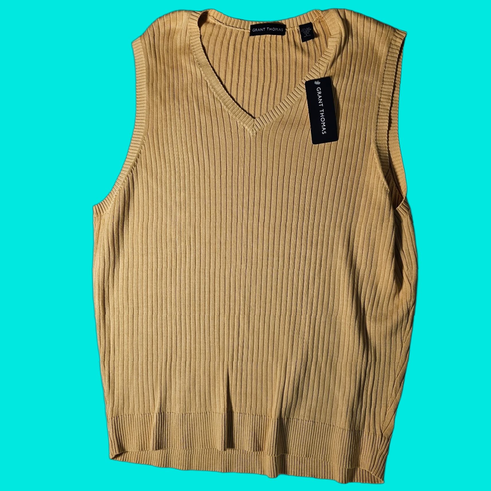 Vintage Grant Thomas Yellow Cable-Knit Vest Sweater Large Casual Mens Size US L / EU 52-54 / 3 - 1 Thumbnail