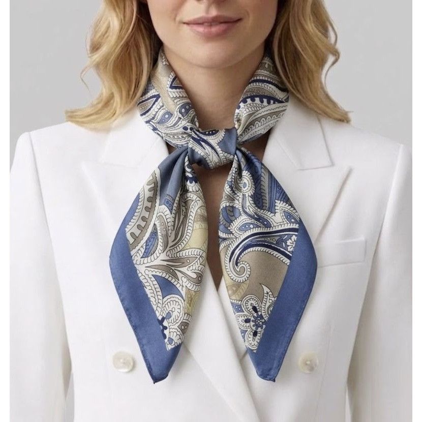 Other ⭐Elegant Bandana Square Scarf Silky Satin Soft Blue Silver V Size ONE SIZE - 1 Thumbnail