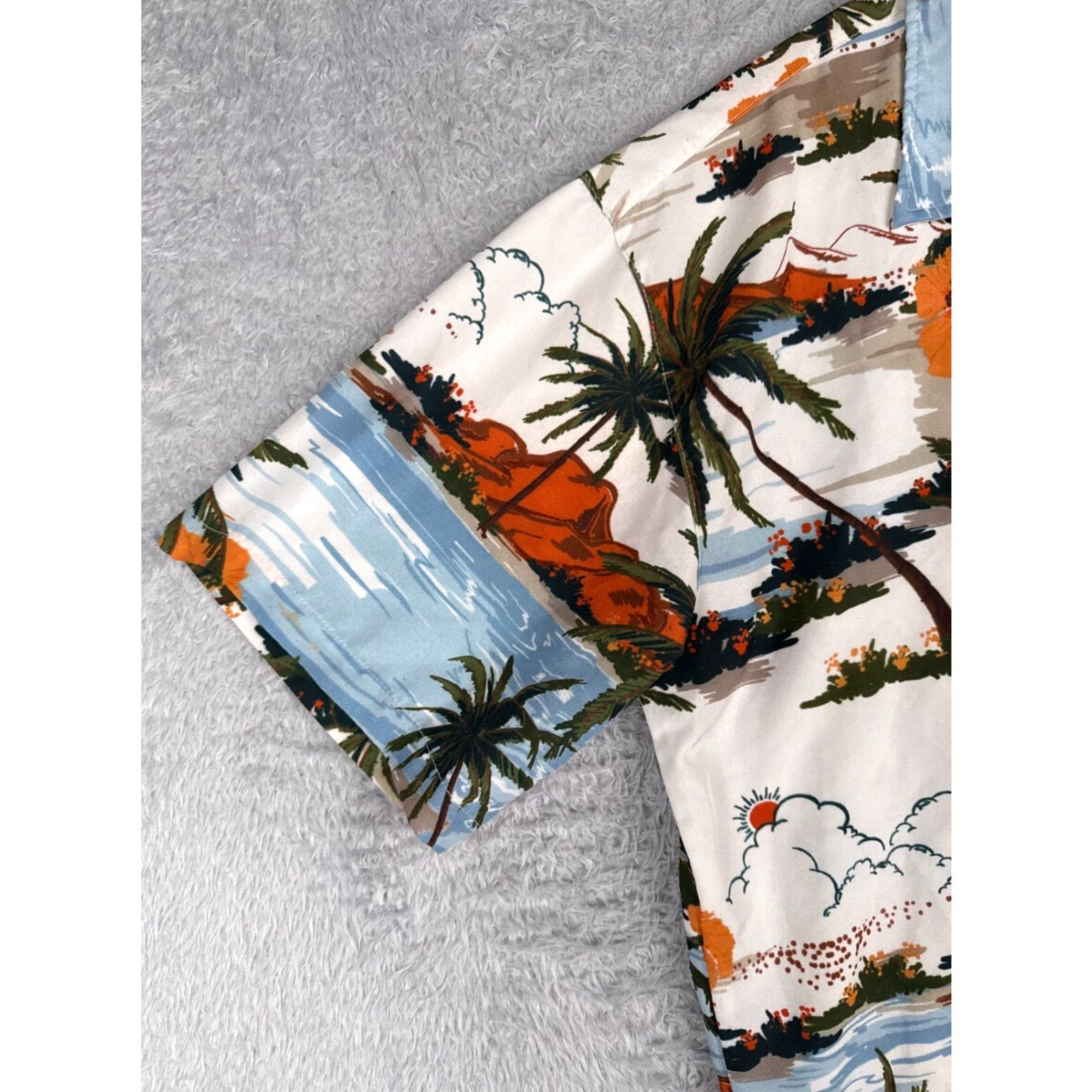 Vintage Palm Island Button-Up Hawaiian Shirt Adult Large Blue White Orange Palm Tree Beach Scene Aloha Luau Vacation Floral Short Sleeve Shirt Mens Regular Size US L / EU 52-54 / 3 - 3 Thumbnail
