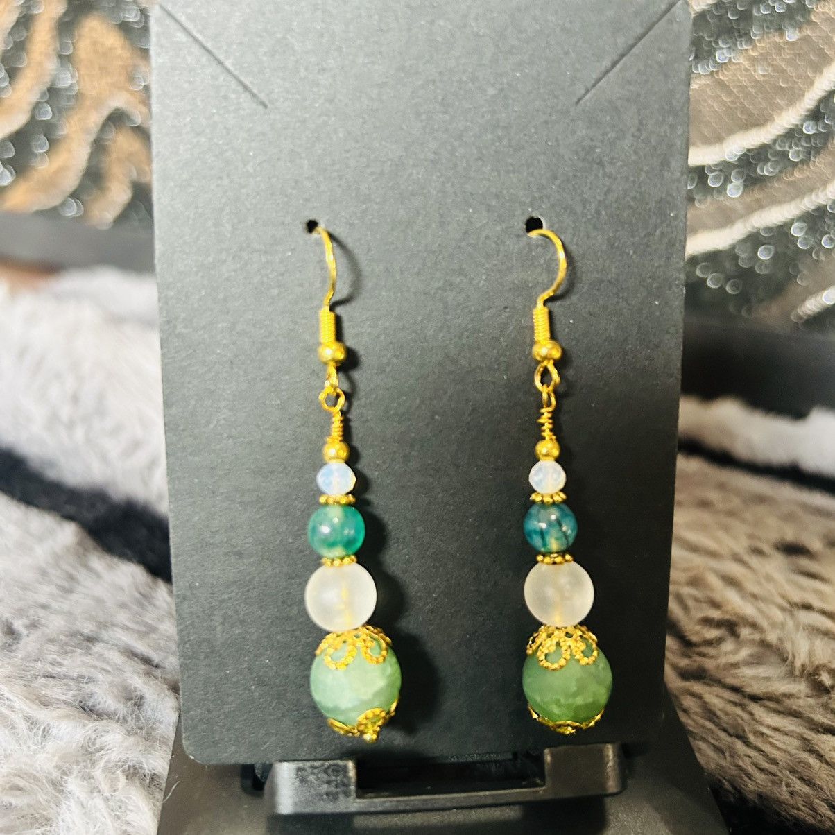Handmade Handcrafted green crackle glass dragon vein agate earrings Size ONE SIZE - 2 Thumbnail