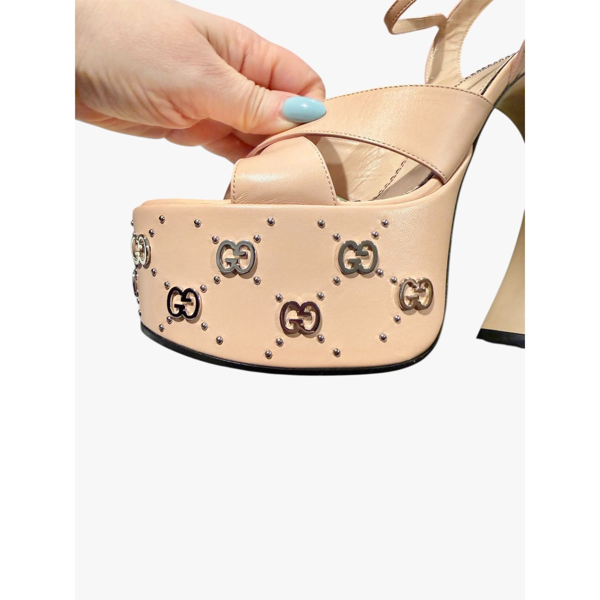 Gucci NIB Gucci Janaya Platform Sandals Pink GG Studded Heels EU 4 Size US 10 / IT 40 - 11 Thumbnail