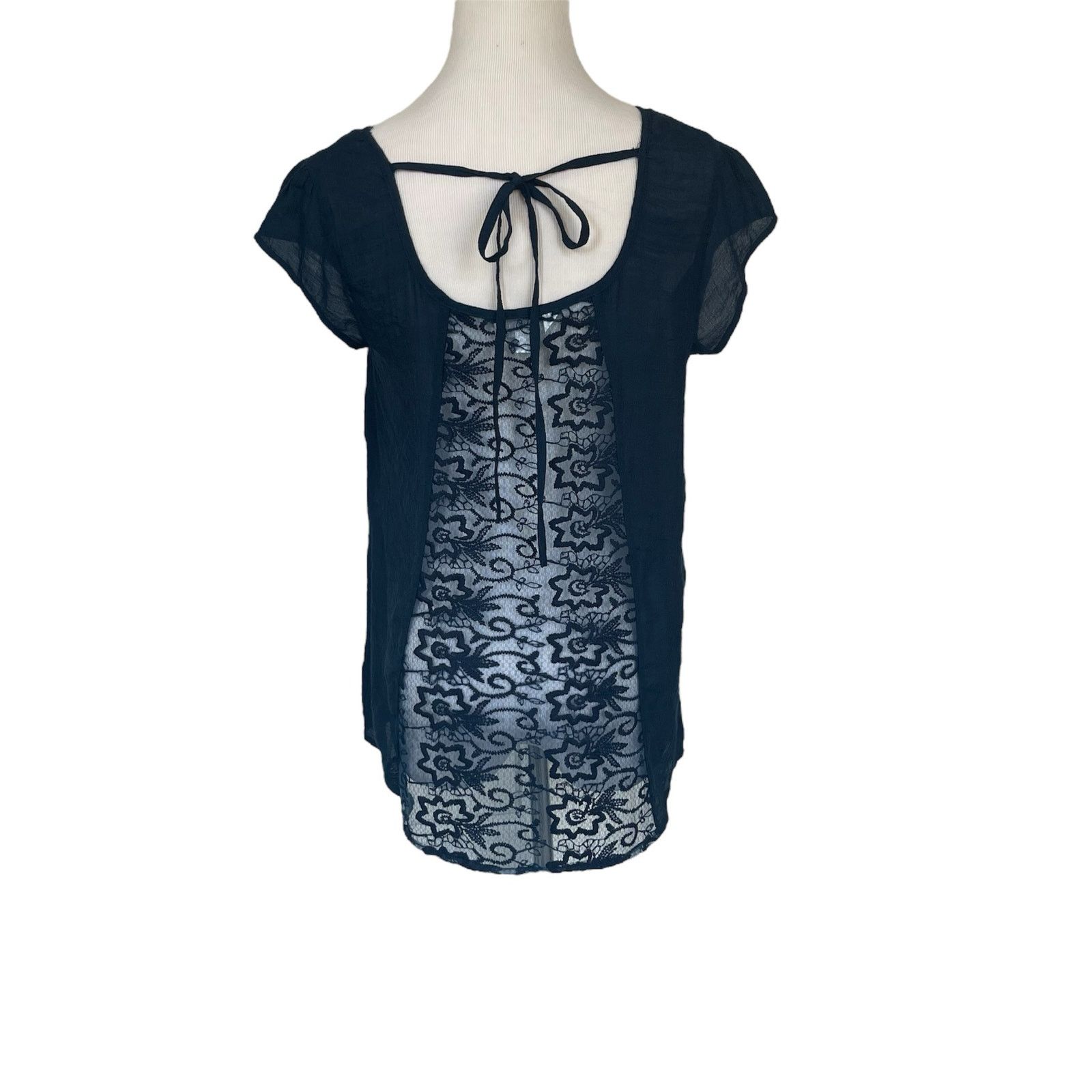 Other Navy Blue Short Sleeve Sheer Lace Detail Tie Back Blouse Top Size S / US 4 / IT 40 - 5 Thumbnail