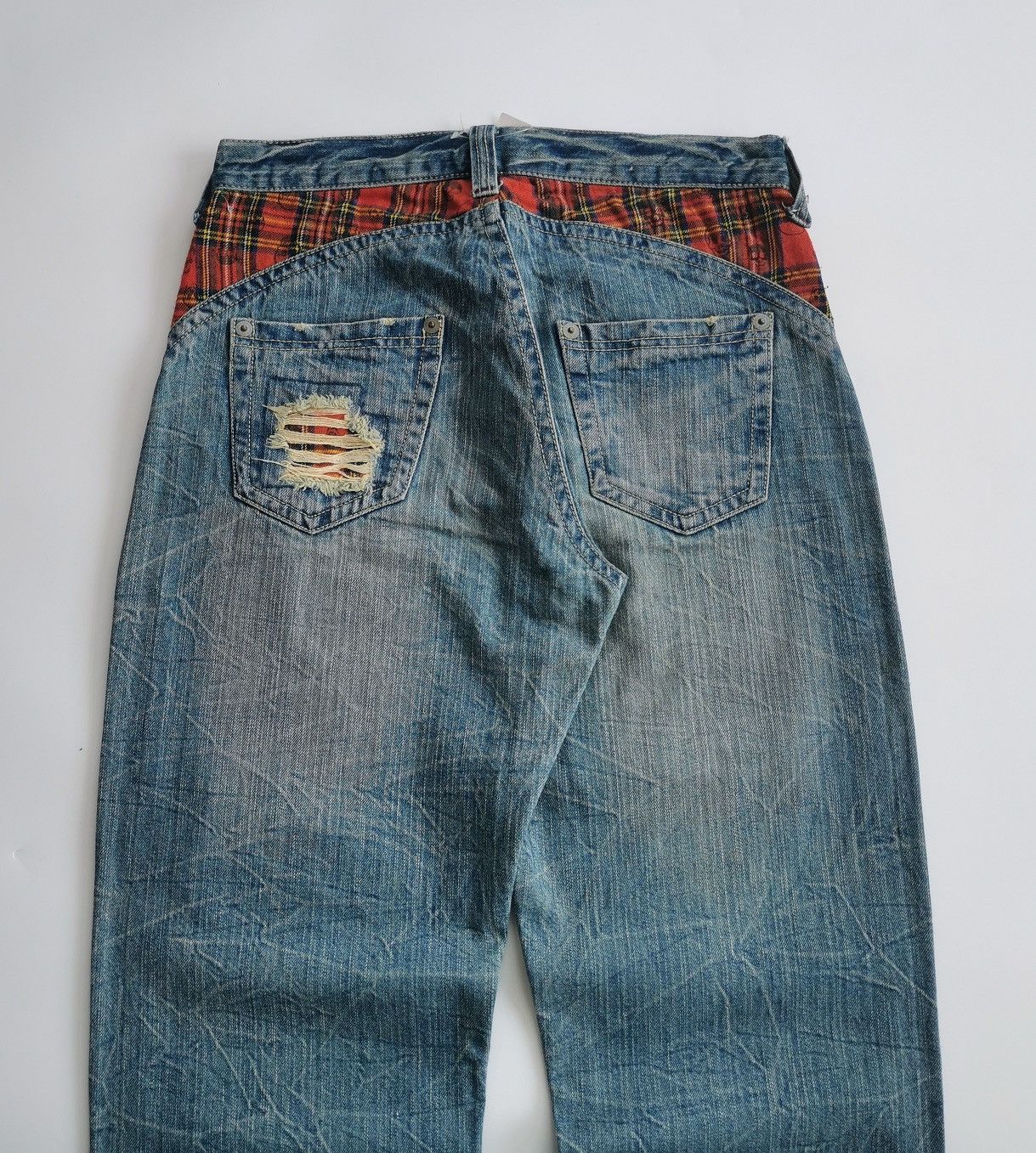 Seditionaries Skull Red Tartan Patchwork Tapered Denim Jeans Size US 30 / EU 46 - 7 Thumbnail