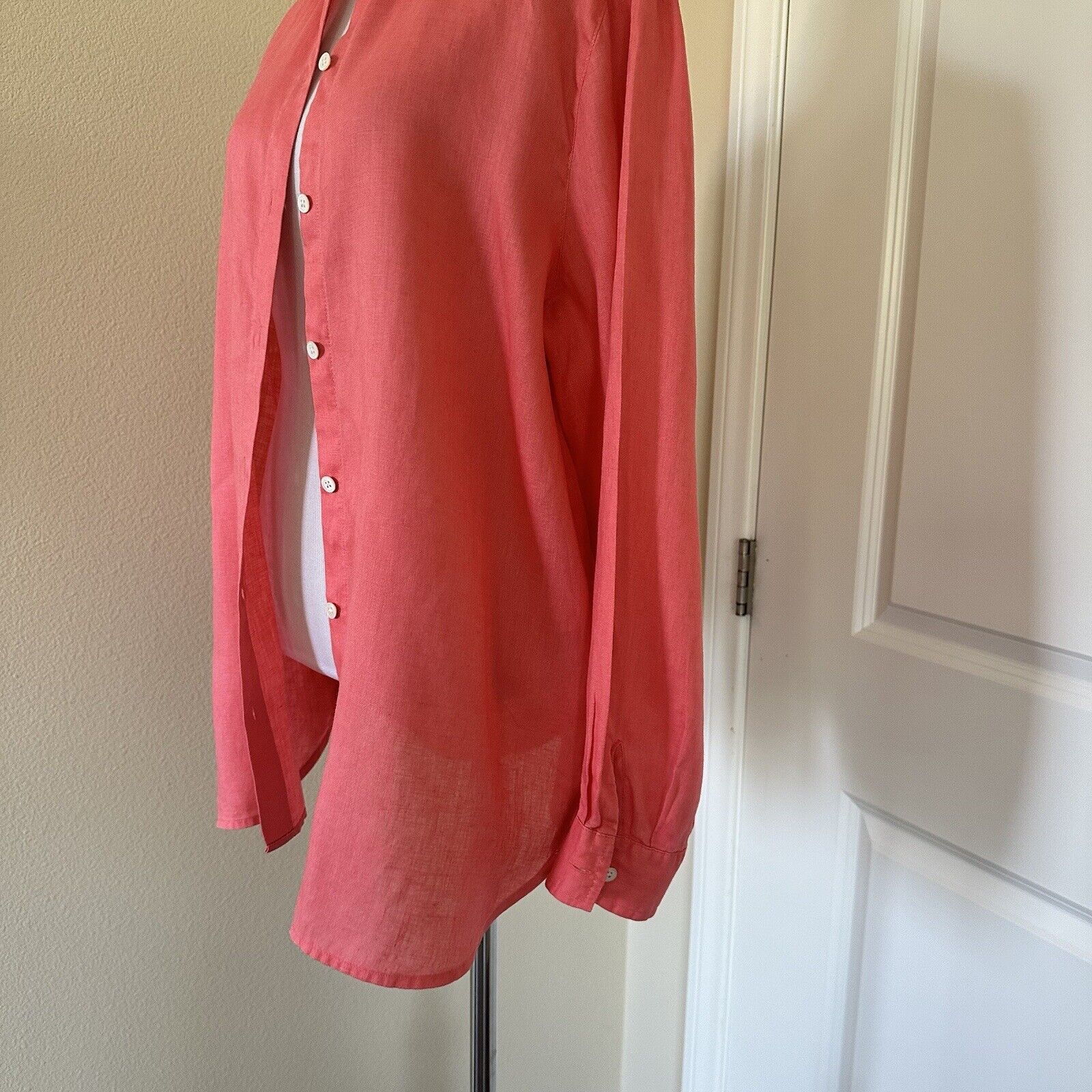 J. Jill J.Jill Women Linen Essential Shirt Button Down Coral Size M Size M / US 6-8 / IT 42-44 - 3 Thumbnail
