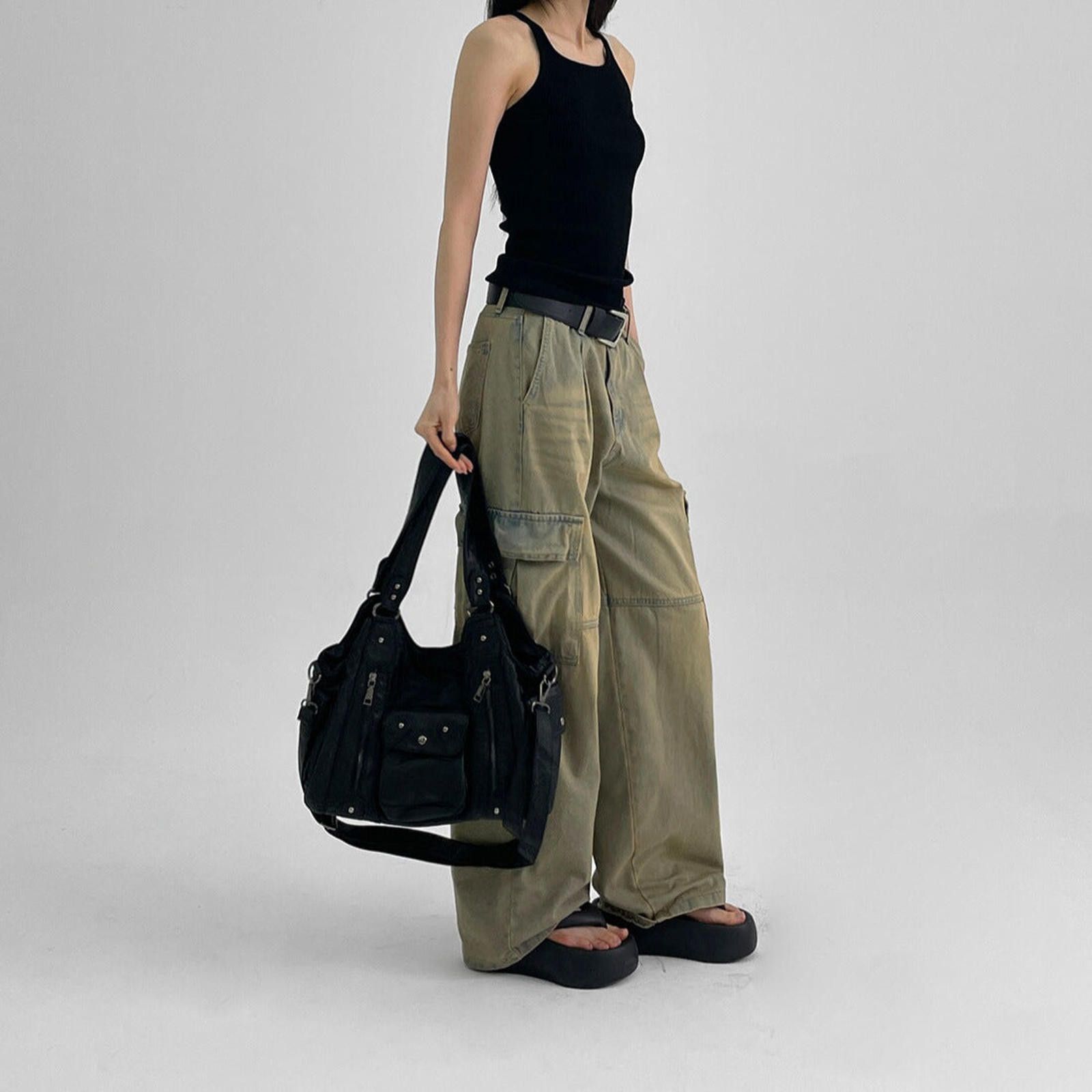 Vintage Black Multi-Pocket Shoulder Bag, Casual Everyday Bag Size ONE SIZE - 4 Thumbnail