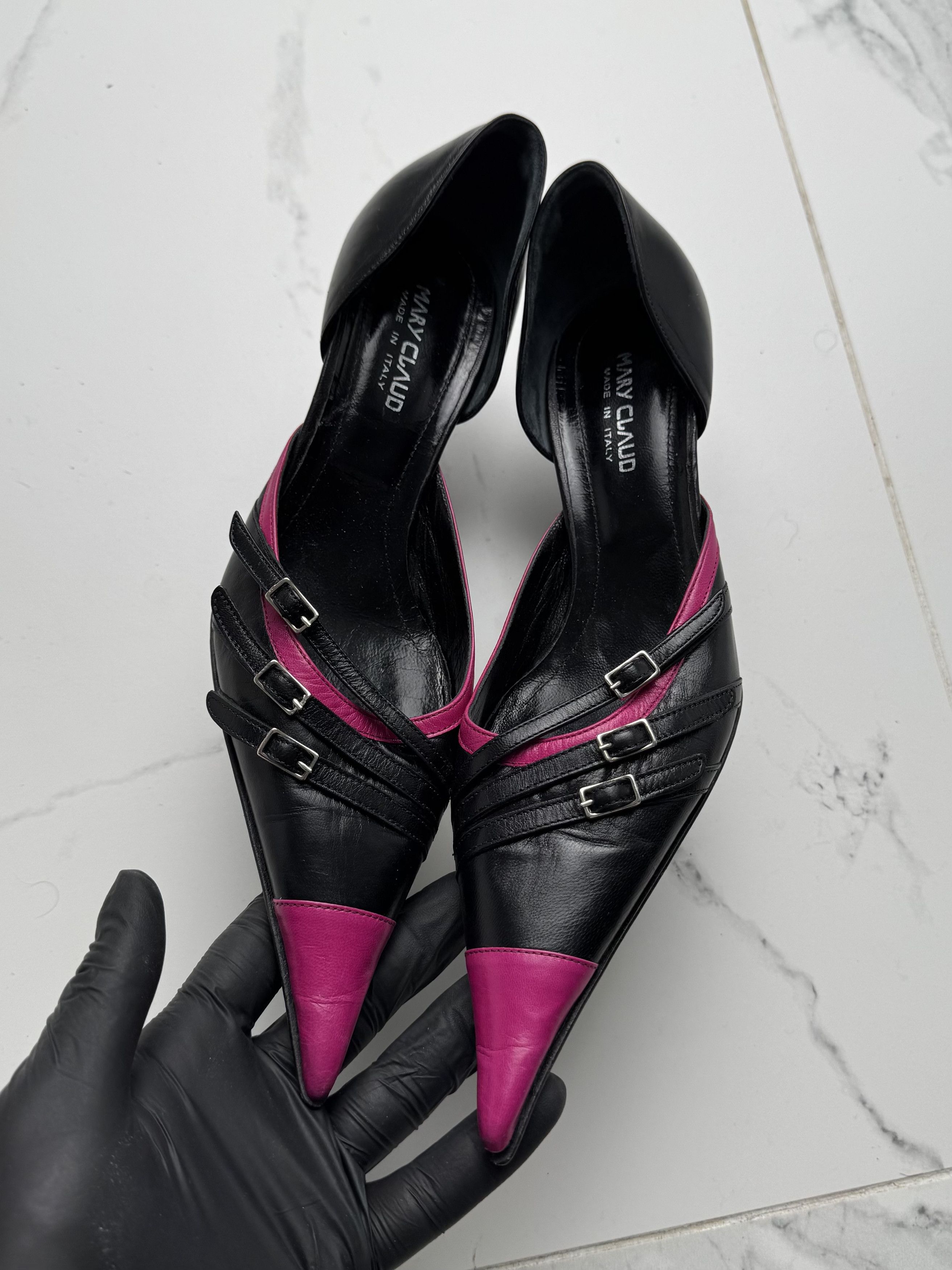 Other Vintage Black Pink Pointed Toe Stiletto Heels Buckle Pumps Size US 7 / IT 37 - 6 Thumbnail