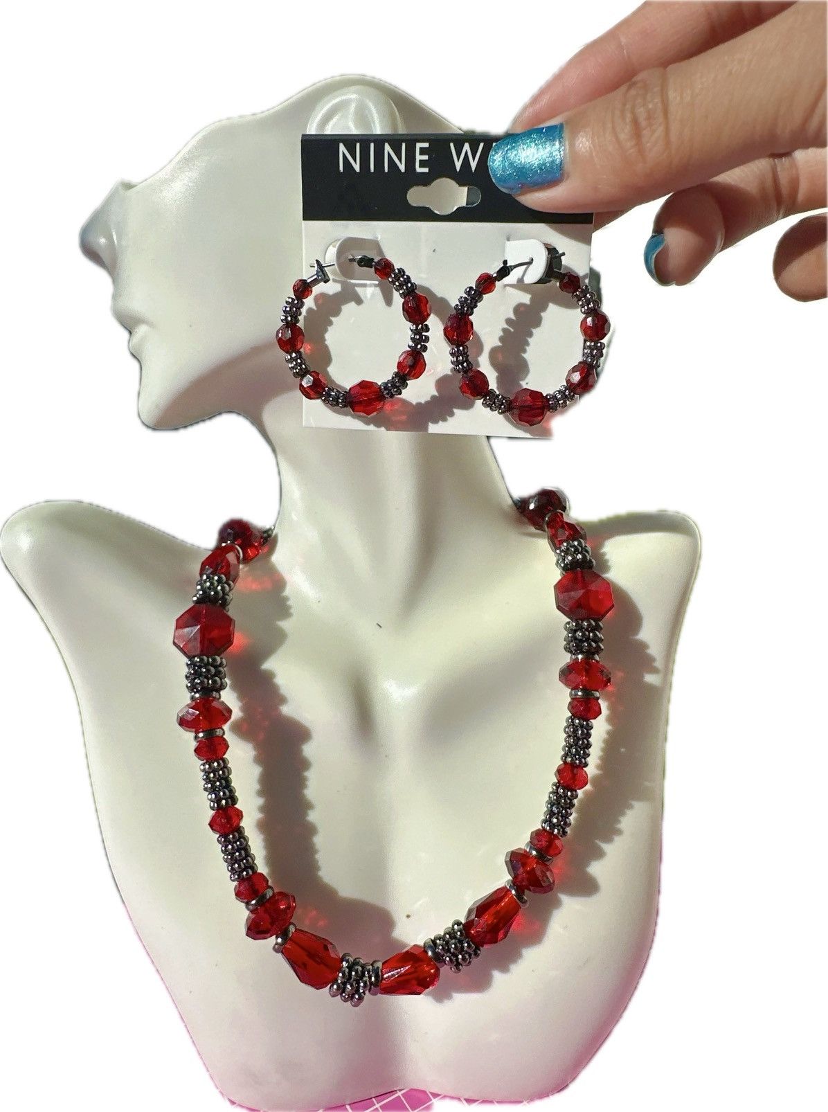 Nine West Nine West Red Crystal beaded Jewelry Set 17” necklace + ear Size ONE SIZE - 1 Thumbnail
