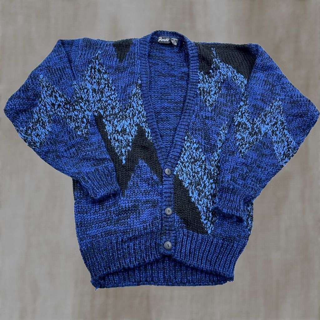 Fortela Vintage Forte Geometric Cardigan Sweater Men M Blue 90s 80s Classic Preppy Teacher American Knit Full Zip Buttons Logo Size US M / EU 48-50 / 2 - 1 Thumbnail
