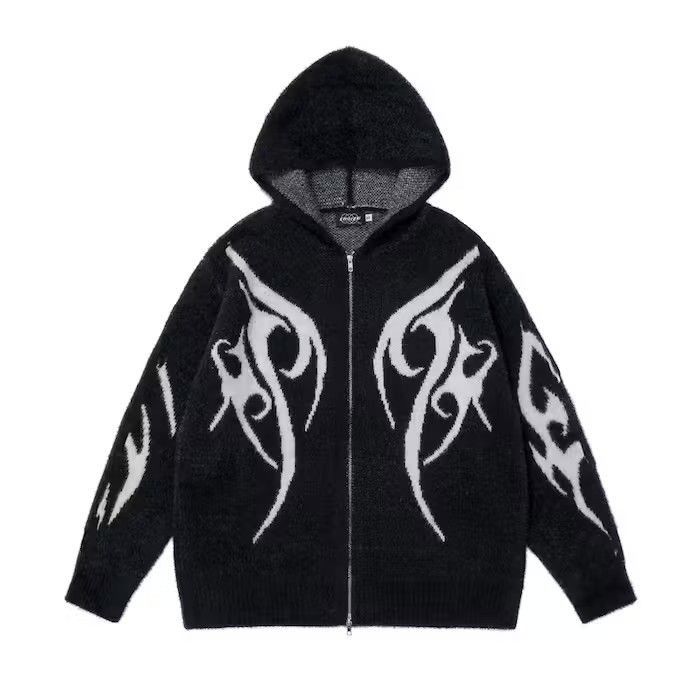 Japanese Brand Jacquard Black y2k Graphic Full Zip Hoodie Size US L / EU 52-54 / 3 - 1 Thumbnail
