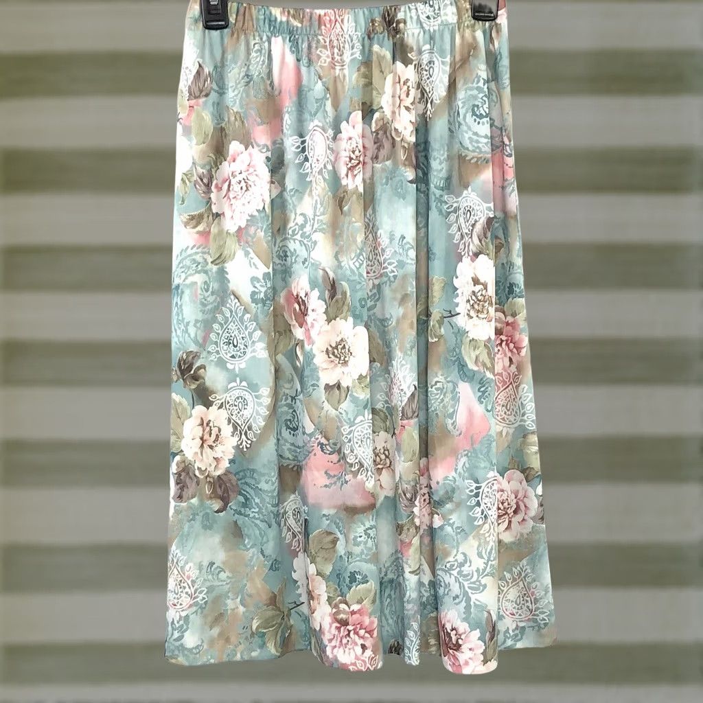 Vintage Vintage Silver Chiffon Floral Boho Skirt - S/M, Elastic Waist, Blue, 24 Size 28" / US 6 / IT 42 - 1 Thumbnail