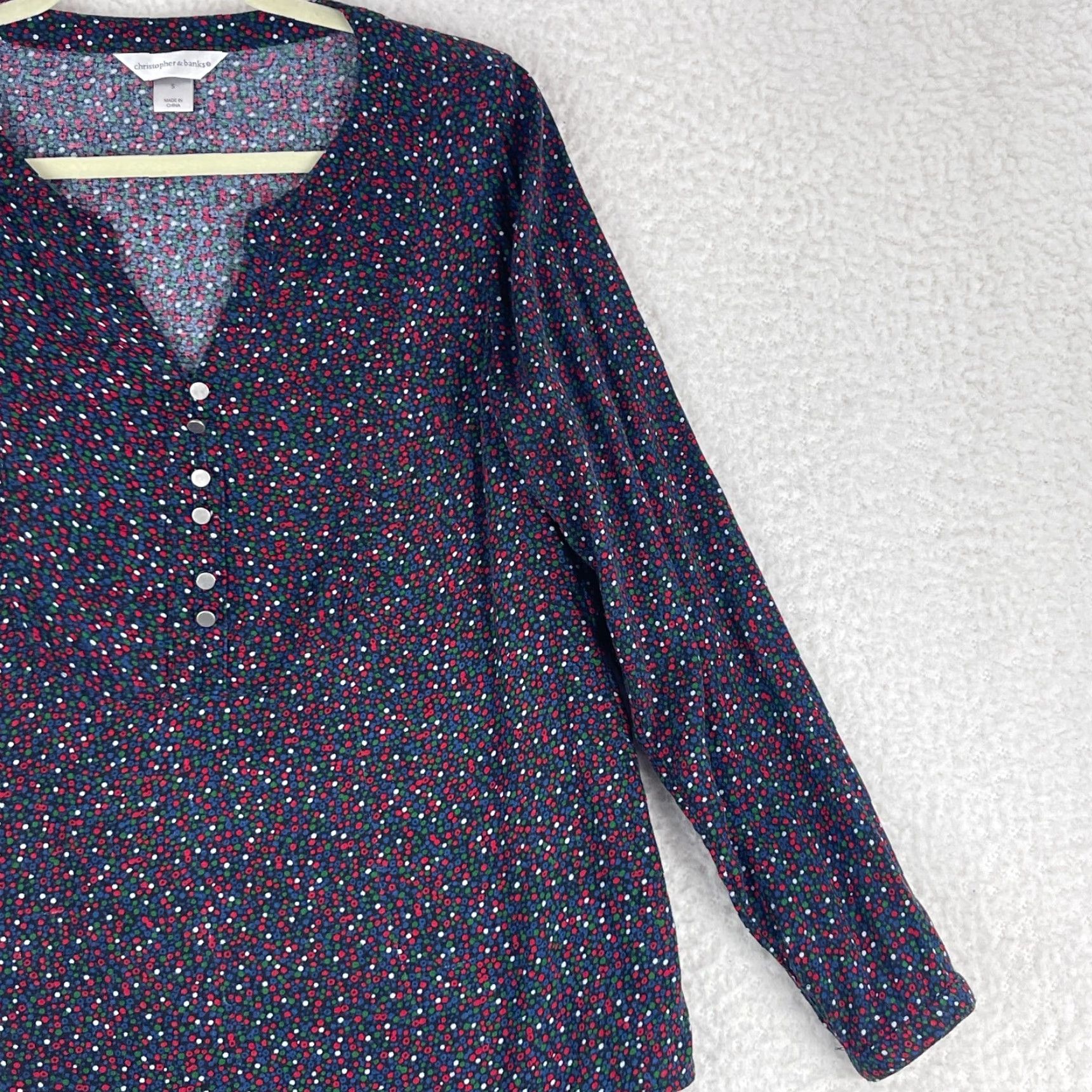 Vintage Christopher & Banks Top Womens Small Blue Dot Print Long Sleeve V-Neck Shirt Size S / US 4 / IT 40 - 4 Thumbnail