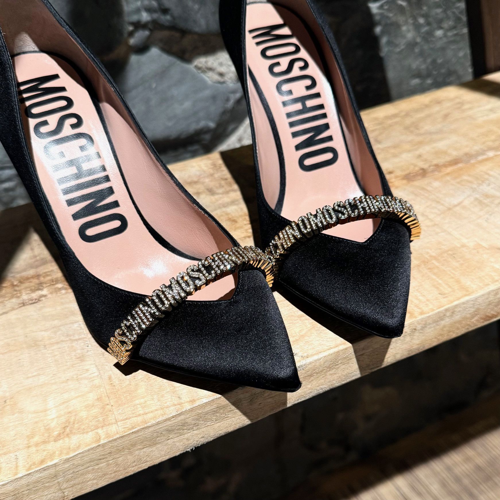 Moschino Moschino Mini Lettering Crystal Logo Black Satin Pumps Size US 9 / IT 39 - 4 Thumbnail