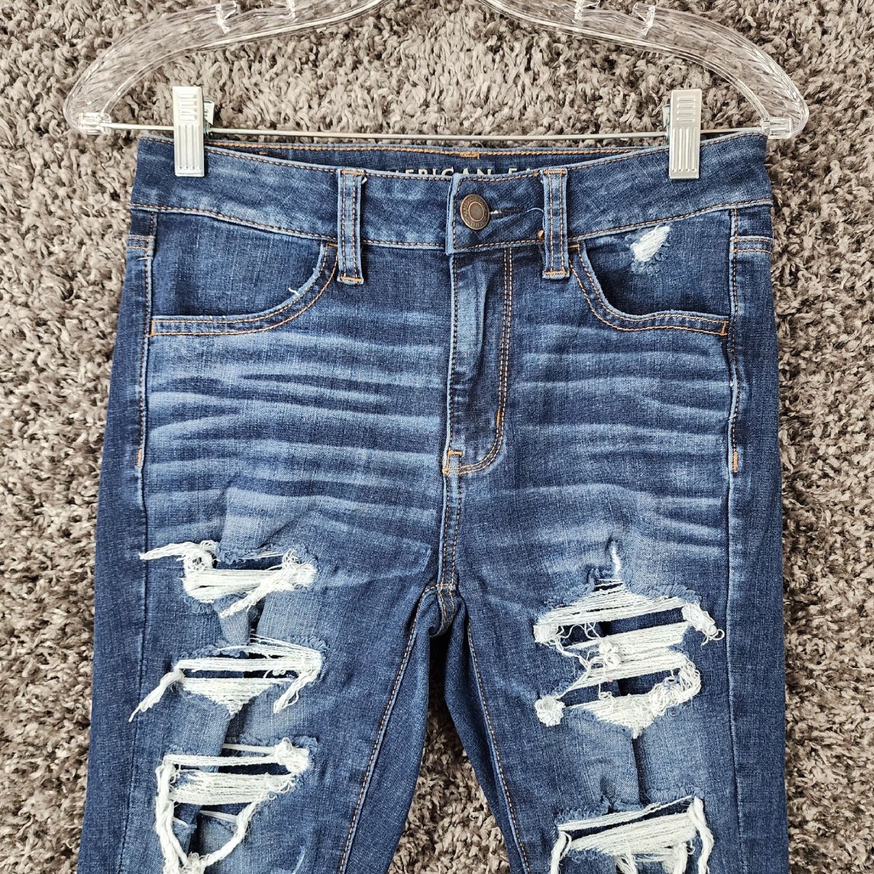 American Eagle Outfitters American Eagle Jeggings Womens Distressed High Rise Blue Size 4 Jeans Women Size 27" / US 4 / IT 40 - 2 Thumbnail