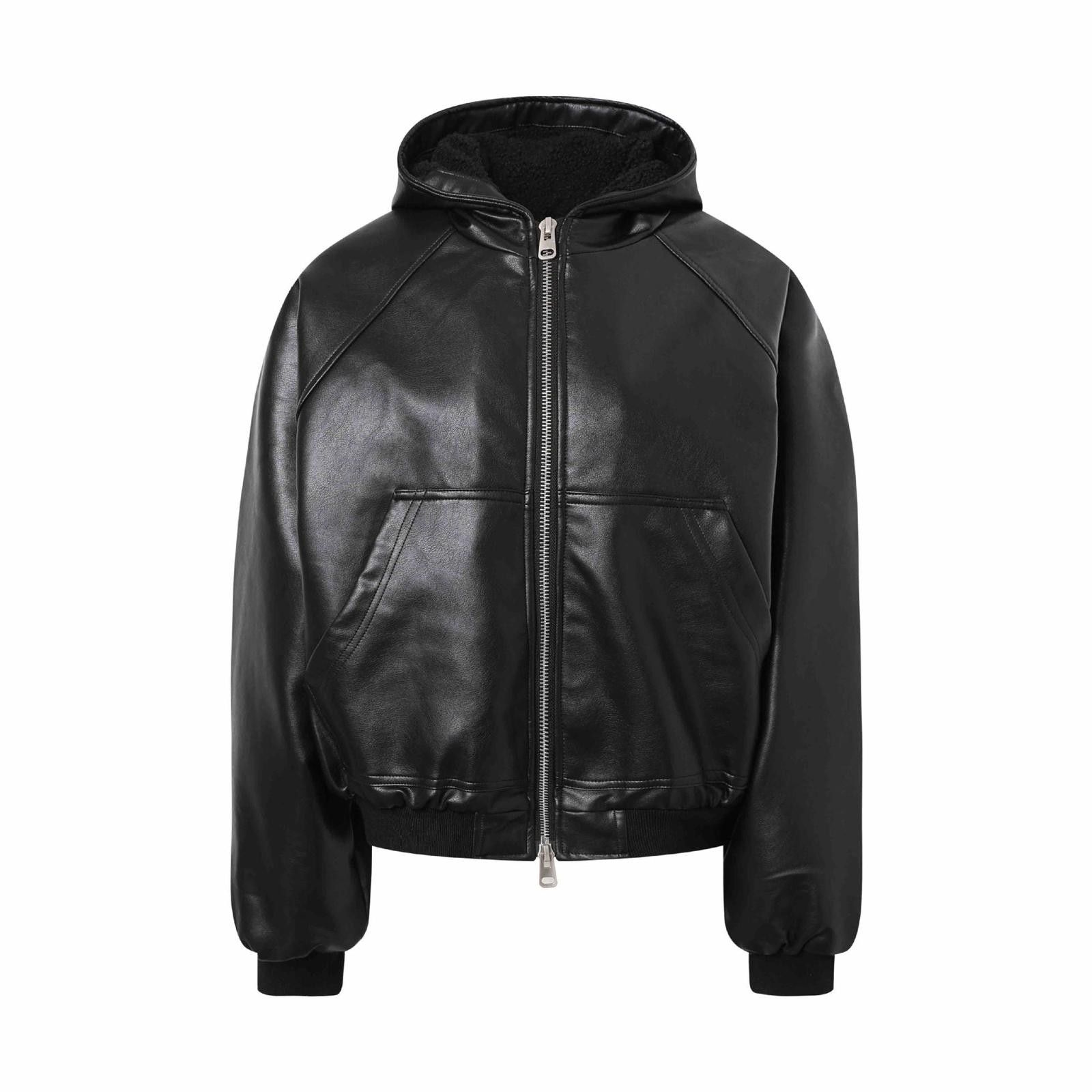 Leather Black Hooded Leather Bomber Jacket, Casual Zip-Up Outerwear Size US L / EU 52-54 / 3 - 1 Thumbnail