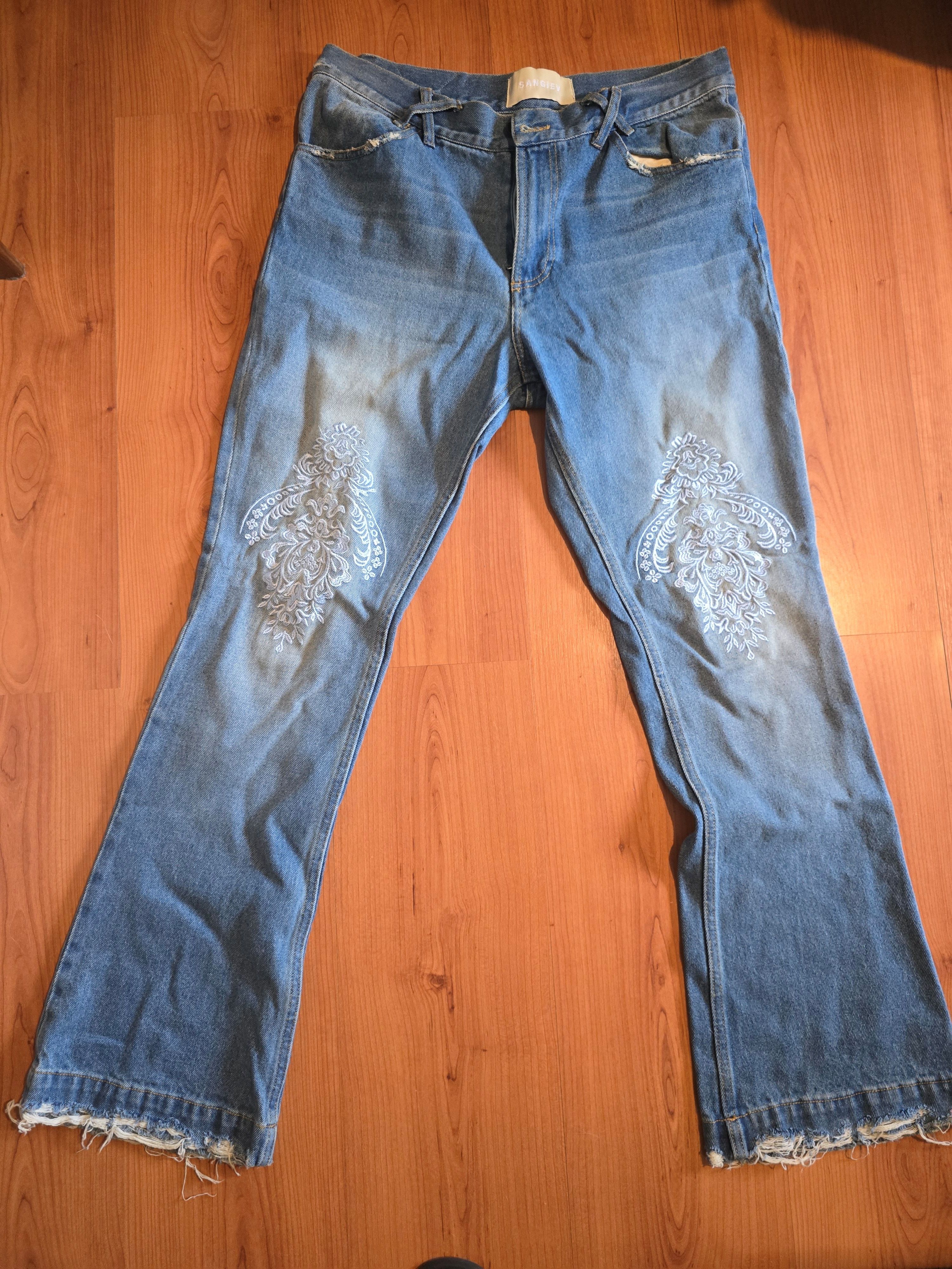 Sangiev Blue Embroidered Flared Jeans Size US 34 / EU 50 - 1 Thumbnail