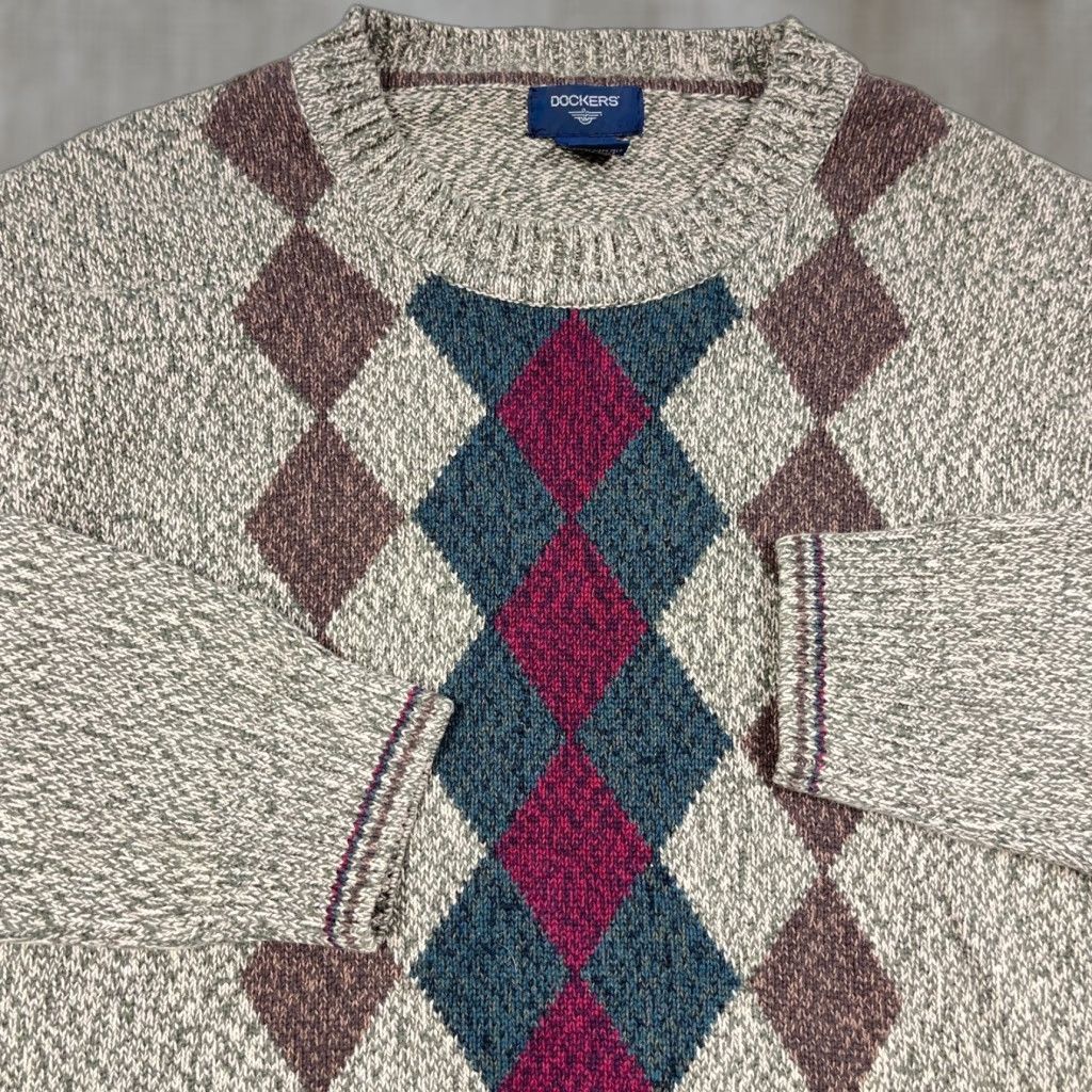 Dockers VINTAGE Dockers Sweater Shirt Men XLT Brown Geometric Diamond Crewneck Cotton Argyle 80s 90s Retro Grandpa Cosby Hip Hop Streetwear USA Mens Size US XL / EU 56 / 4 - 1 Thumbnail