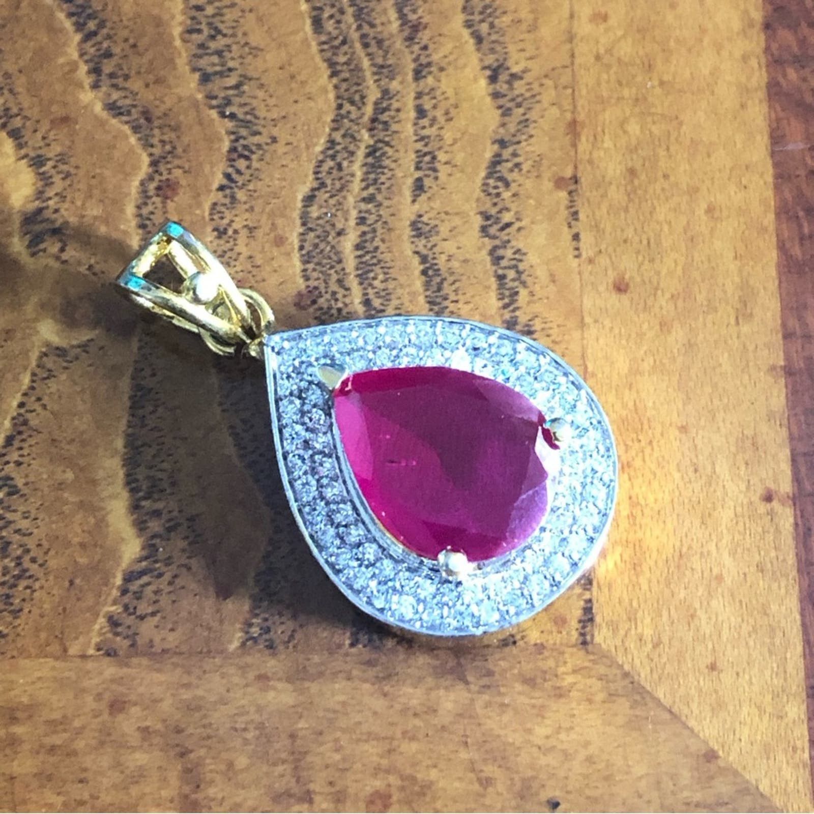 image of Vintage Teardrop Natural Oriental Ruby Cz Halo Gold Vermeil Pendant in Pink, Women's